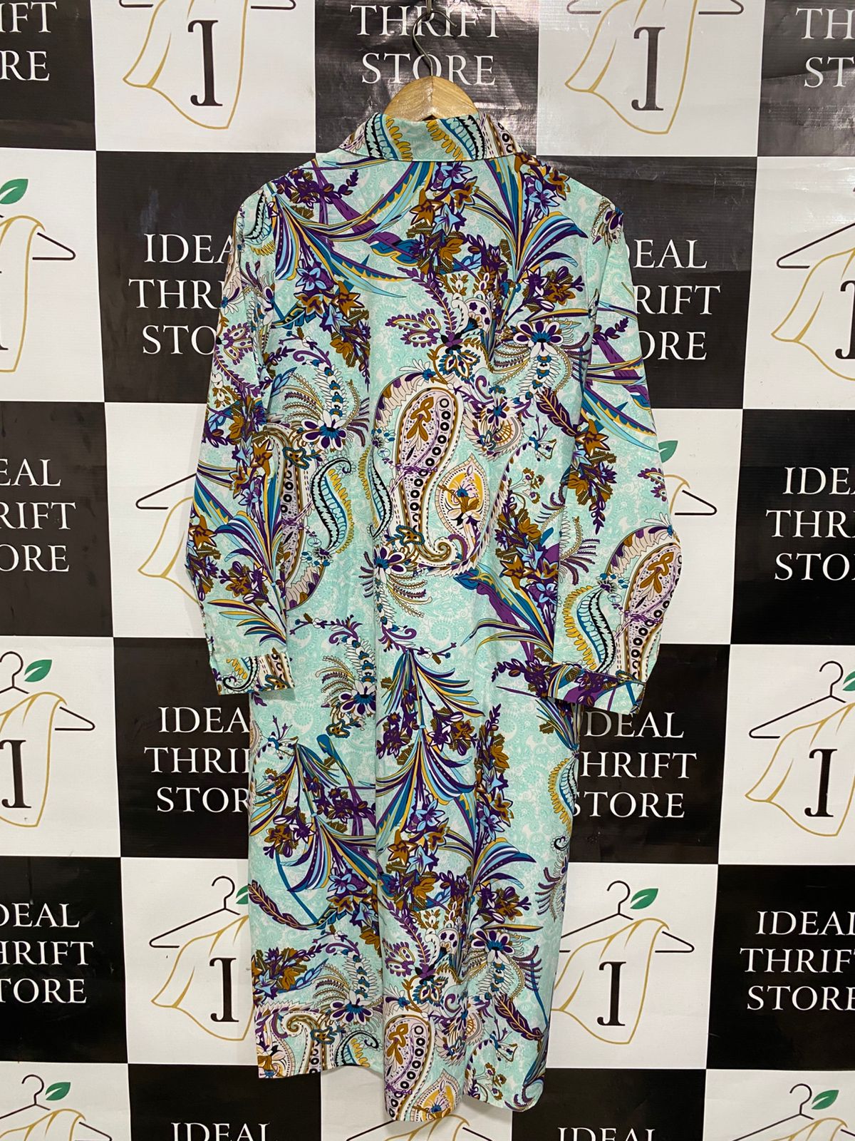SHEIN |M| BUST 20| A28| MINT GREEN & PURPLE PAISLEY PRINT BUTTON-DOWN SHIRT DRESS