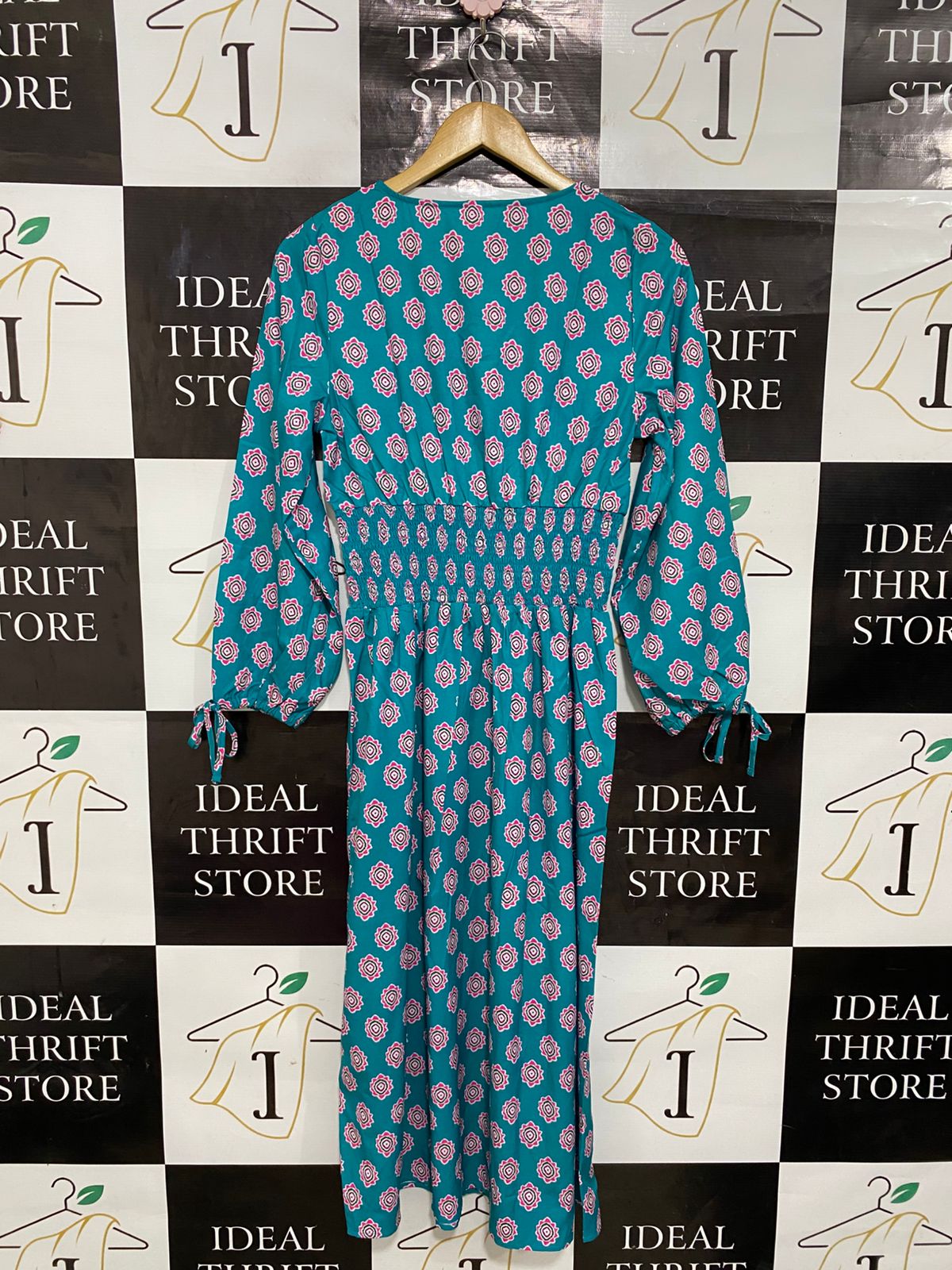 SHEIN |M| BUST 16| A28| TEAL & PINK GEOMETRIC MEDALLION PRINT SMOCKED MIDI DRESS