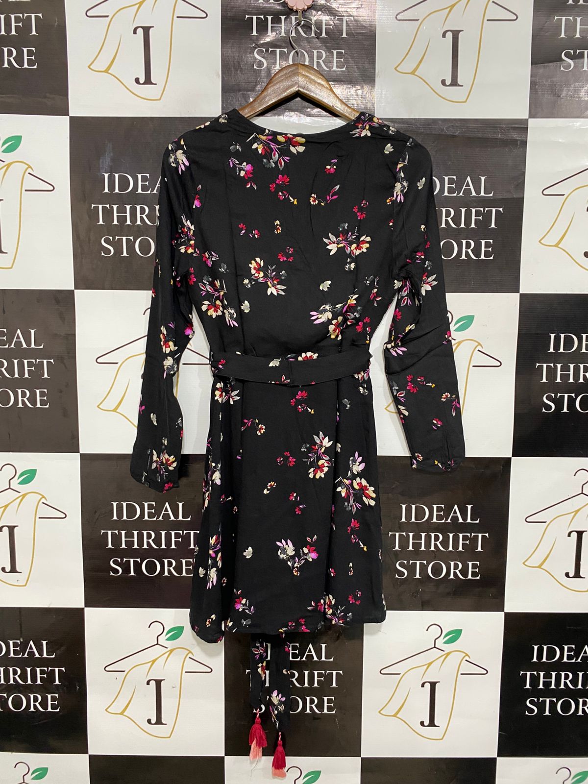 NEW LOOK |S| BUST 16| A28| BLACK & PINK FLORAL WRAP MINI DRESS