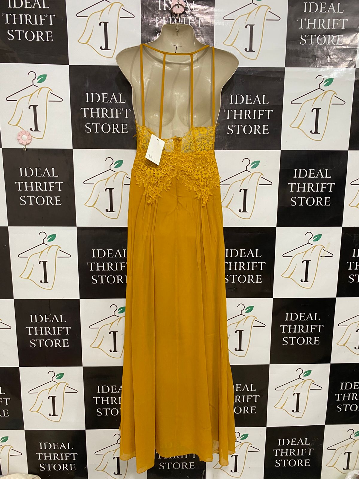 ASOS |S| BUST 15| A30| MUSTARD YELLOW V-NECK LACE-TRIM SLEEVELESS MAXI DRESS