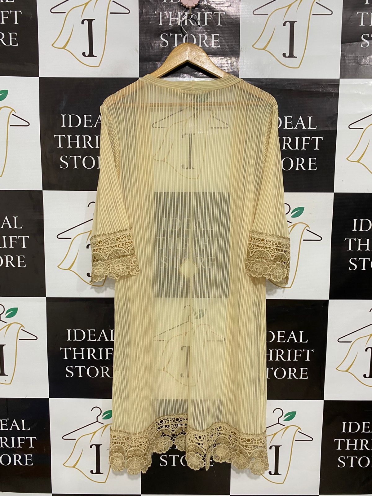 FASHION ALIT |L| BUST 19| A30| CREAM SHEER PLEATED OPEN-FRONT CARDIGAN WITH LACE TRIM