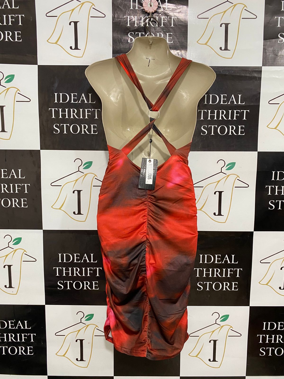 REBELLIOUS |S| BUST 15| A29| RED & BLACK SMOKED ABSTRACT TIE-DYE V-NECK BODYCON MIDI DRESS
