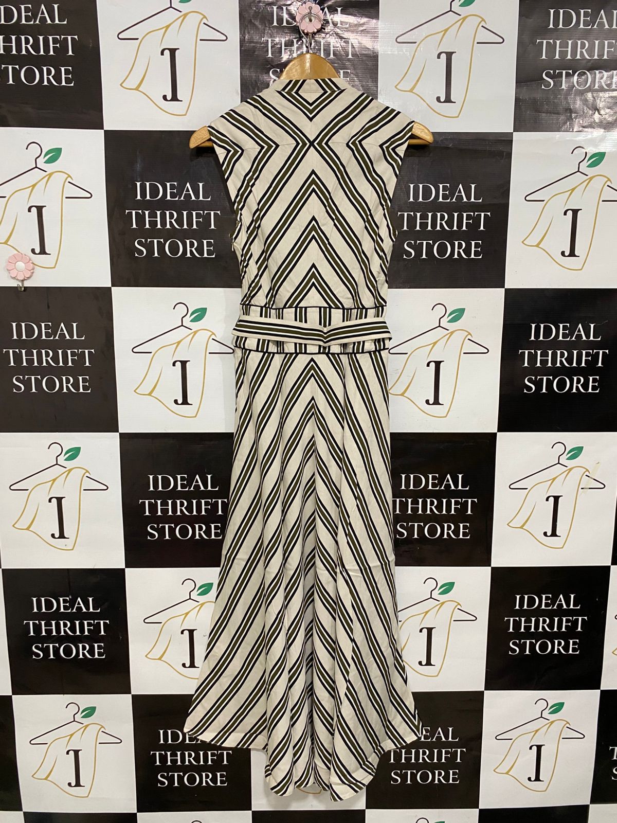 KAREN MILLEN |S| BUST 15| A29| CREAM & BLACK STRIPED SLEEVELESS TIE-WAIST MIDI DRESS