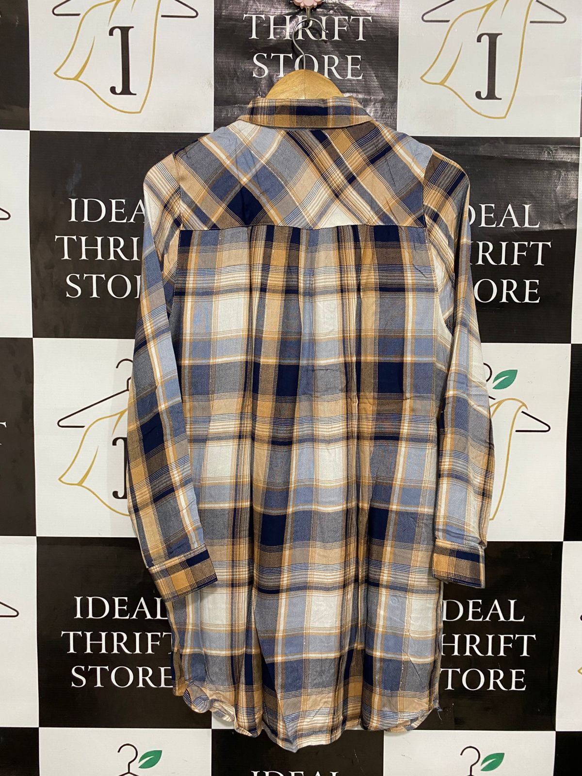 TU WOMAN |M| BUST 19| A29| BLUE, BROWN & WHITE PLAID TARTAN LONG-SLEEVE SHIRT / TUNIC