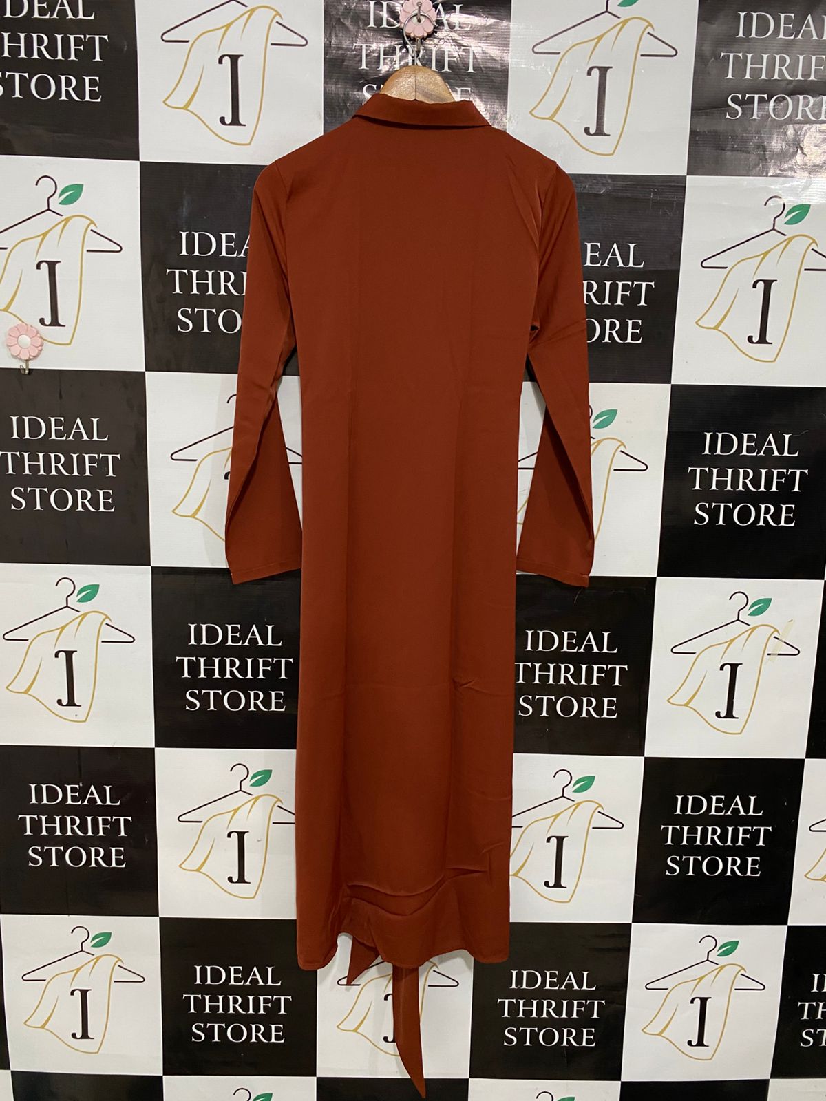 |S| BUST 17| A29| RUST BROWN COLLARED TIE-WAIST LONG-SLEEVE SHIRT MIDI DRESS