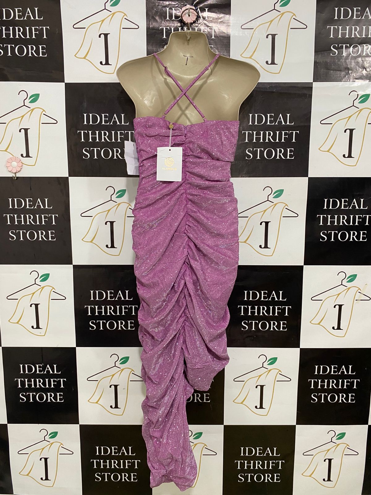 ALAMOUR |S| BUST 15| A31| PINK GLITTER SHIMMER RUCHED BODYCON SLIP DRESS