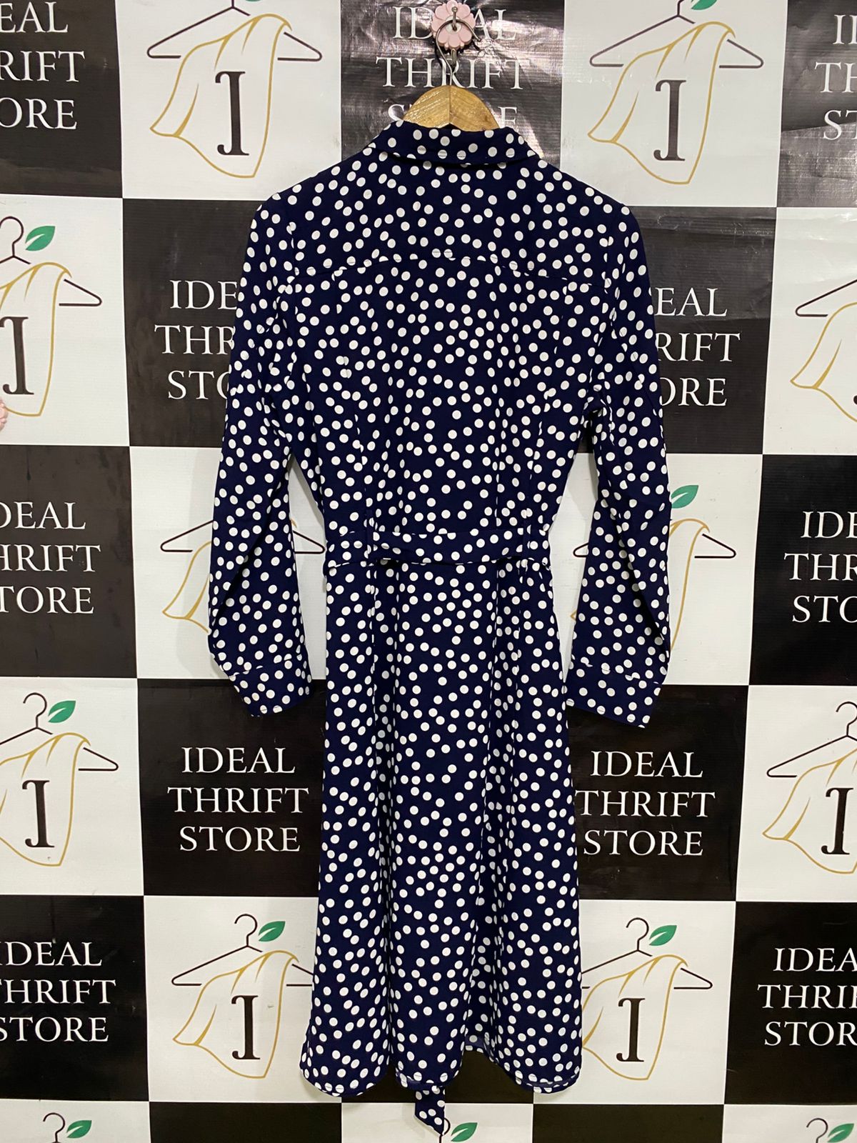 HEINE |L| BUST 19| A31| NAVY & WHITE POLKA DOT COLLARED TIE-WAIST SHIRT MIDI DRESS