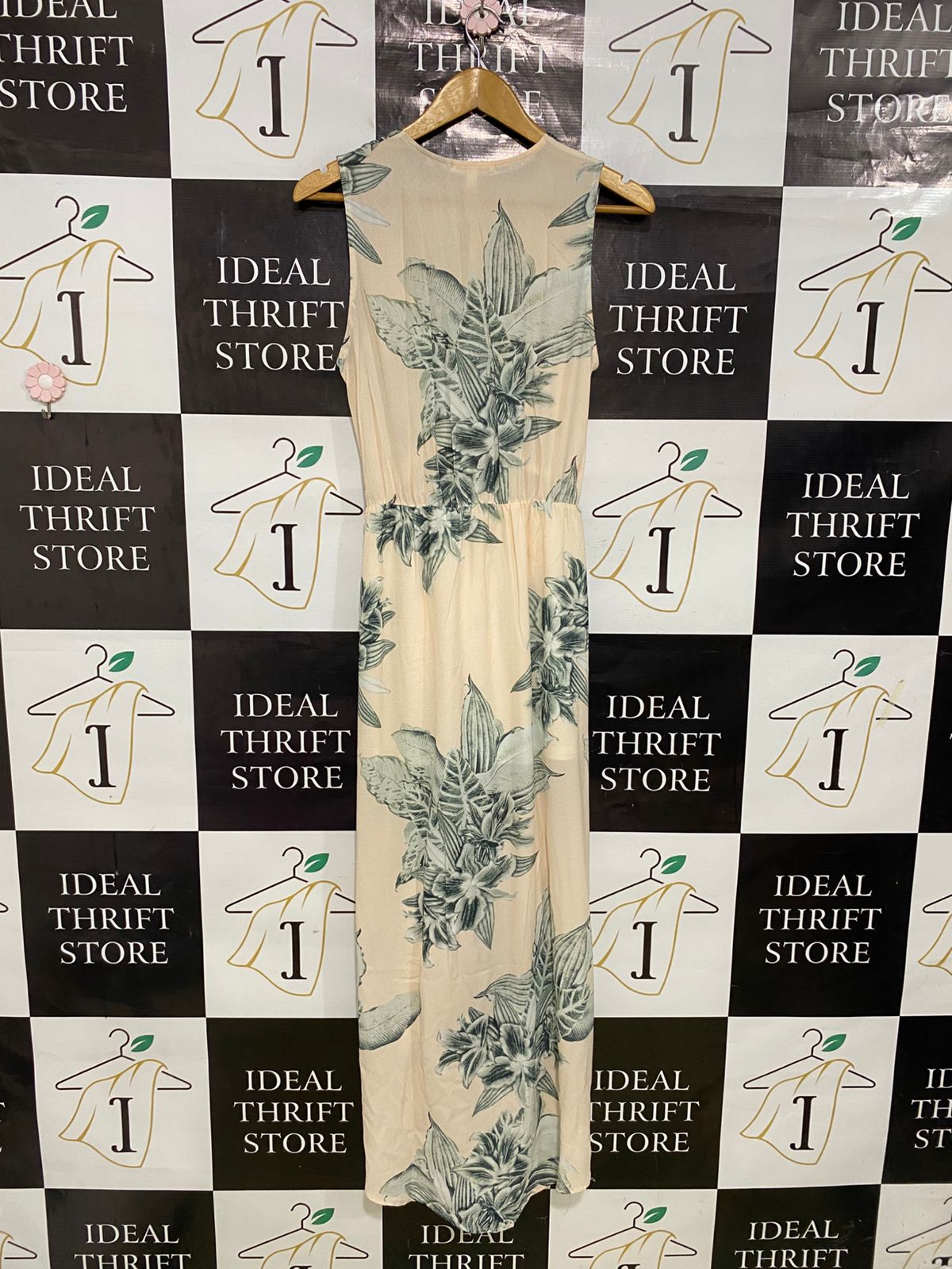 INTO |S| BUST 16| A31| BLUSH & SAGE TROPICAL LEAF PRINT V-NECK SLEEVELESS HIGH-LOW MIDI DRESS