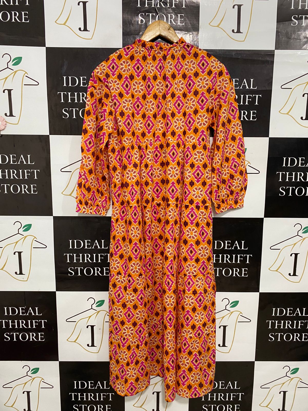 ZARA |S| BUST 18| A30| ORANGE & PINK GEOMETRIC TIE-NECK TIERED MIDI DRESS