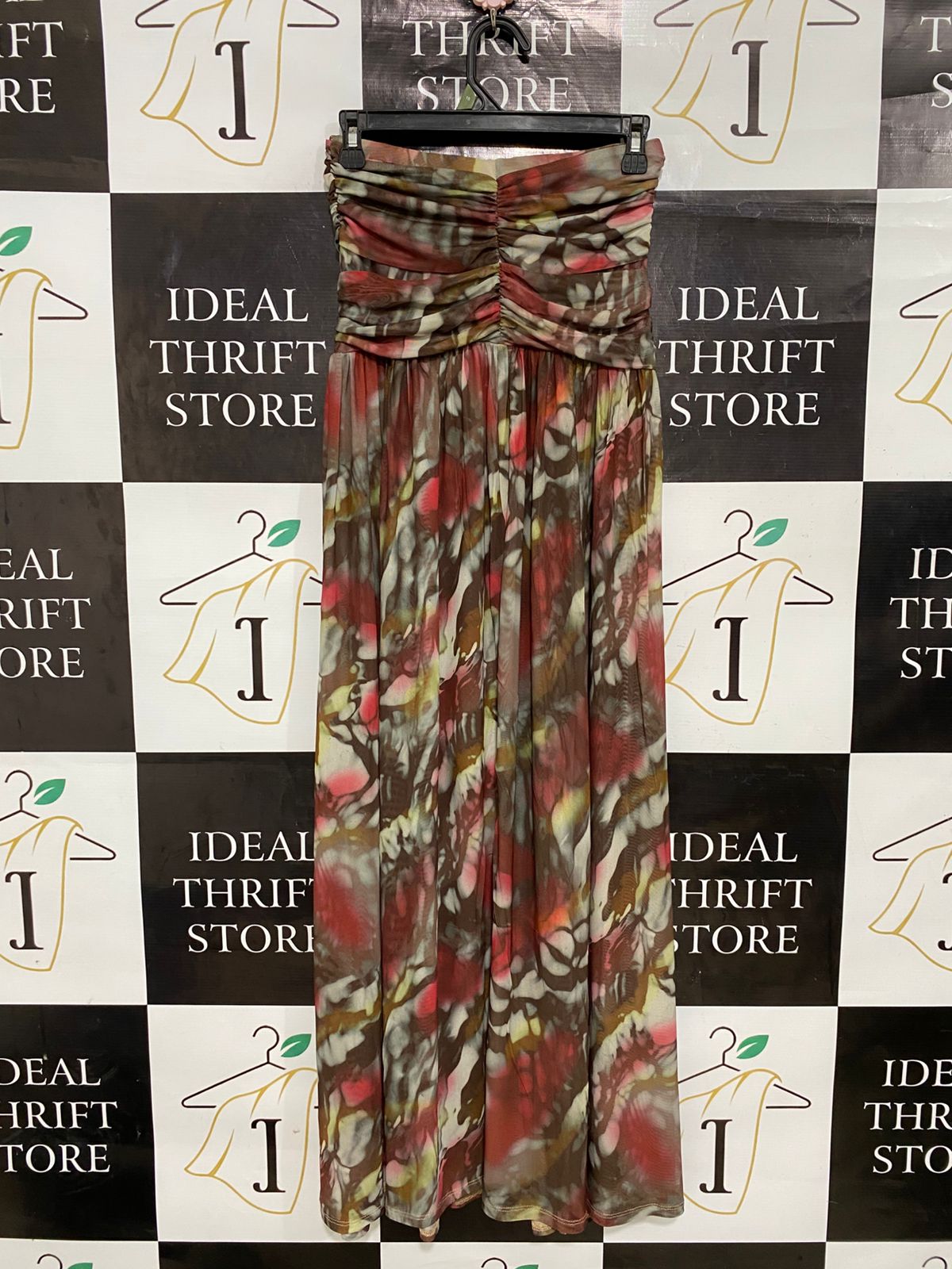 |S| WAIST 26| A30| ABSTRACT MULTICOLOR STRAPLESS GATHERED BUST MAXI DRESS