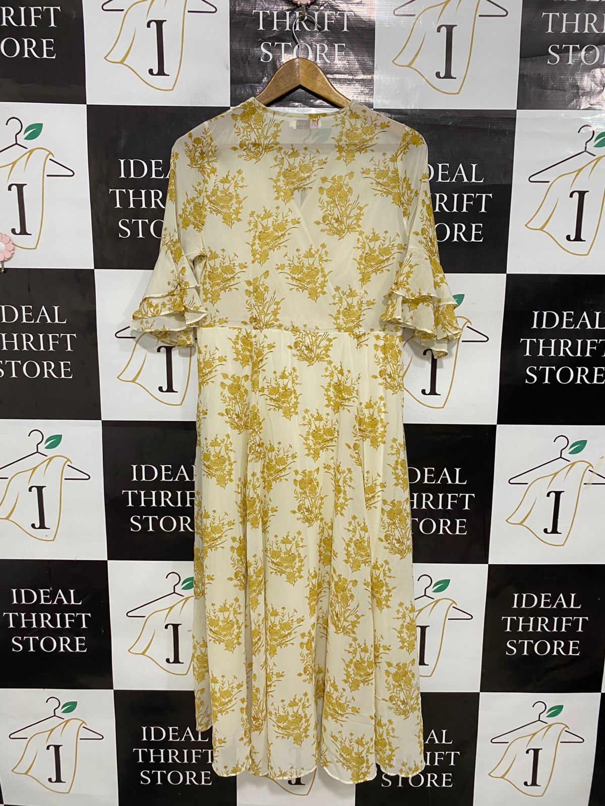 SHIKA |M| BUST 17| A30| MUSTARD & WHITE FLORAL WRAP MIDI DRESS WITH RUFFLED SLEEVES