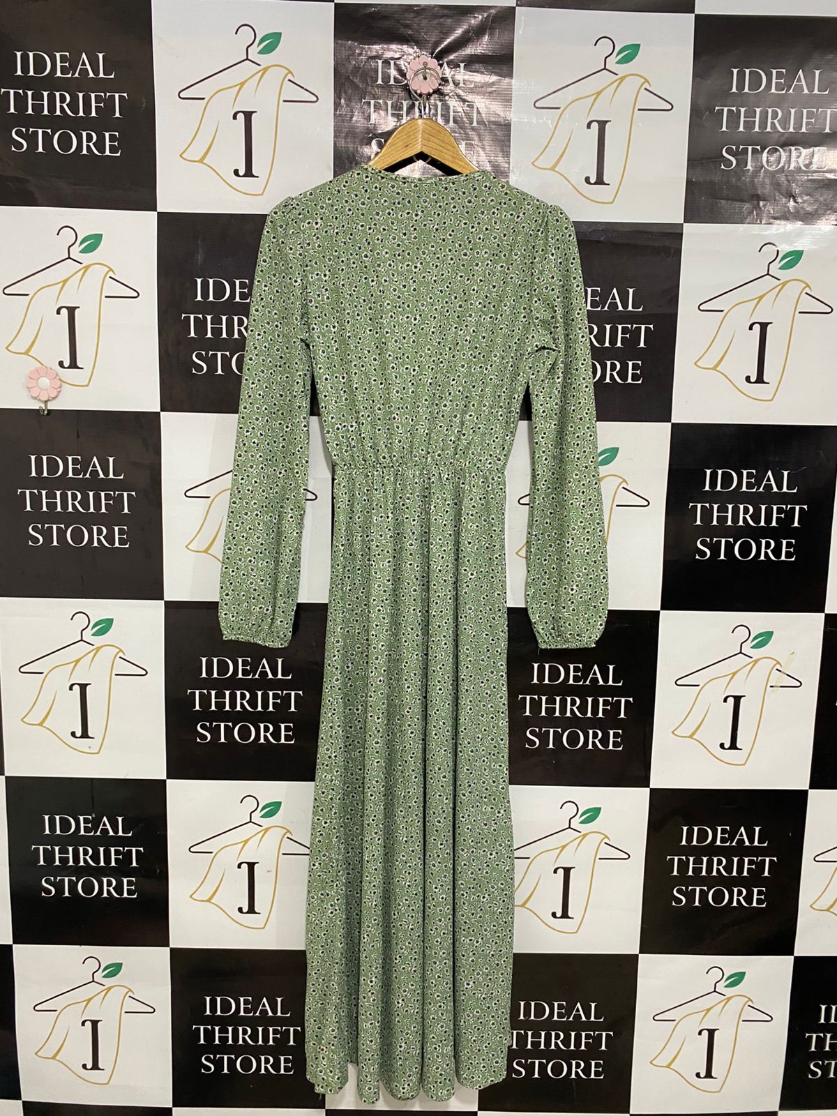 INSIRAH |L| BUST 17| A30| SAGE GREEN FLORAL RUFFLE-TRIM LONG-SLEEVE MIDI DRESS