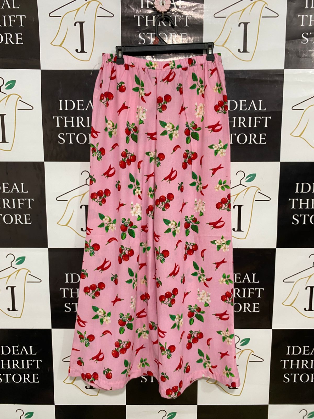 NO COMMENT |L| WAIST 28| A31| PINK CHERRY & CHILI PEPPER PRINT WIDE-LEG TROUSERS