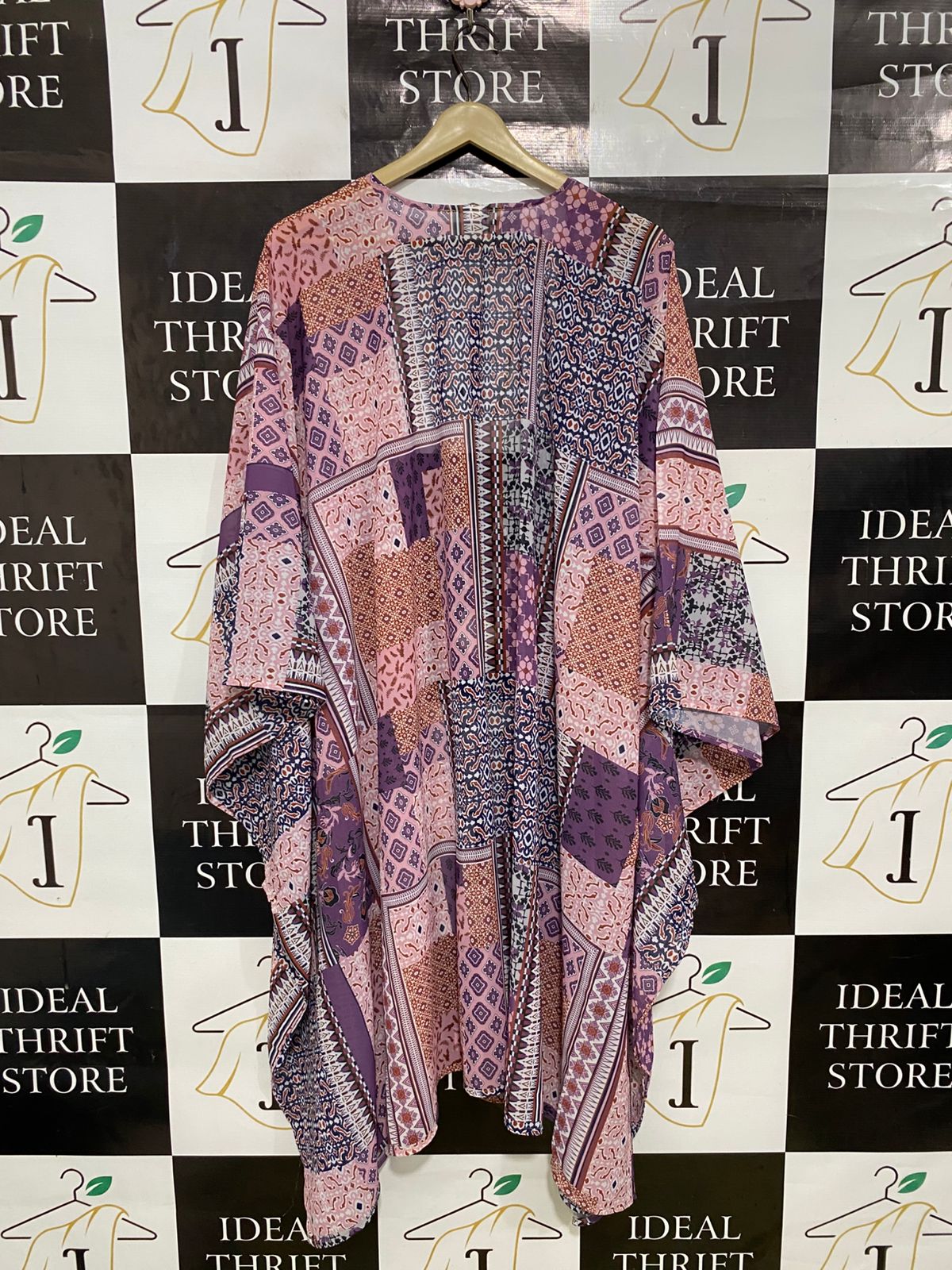 |XL| BUST FREE| A31| MAUVE & PURPLE PATCHWORK PRINT OPEN-FRONT KIMONO CARDIGAN