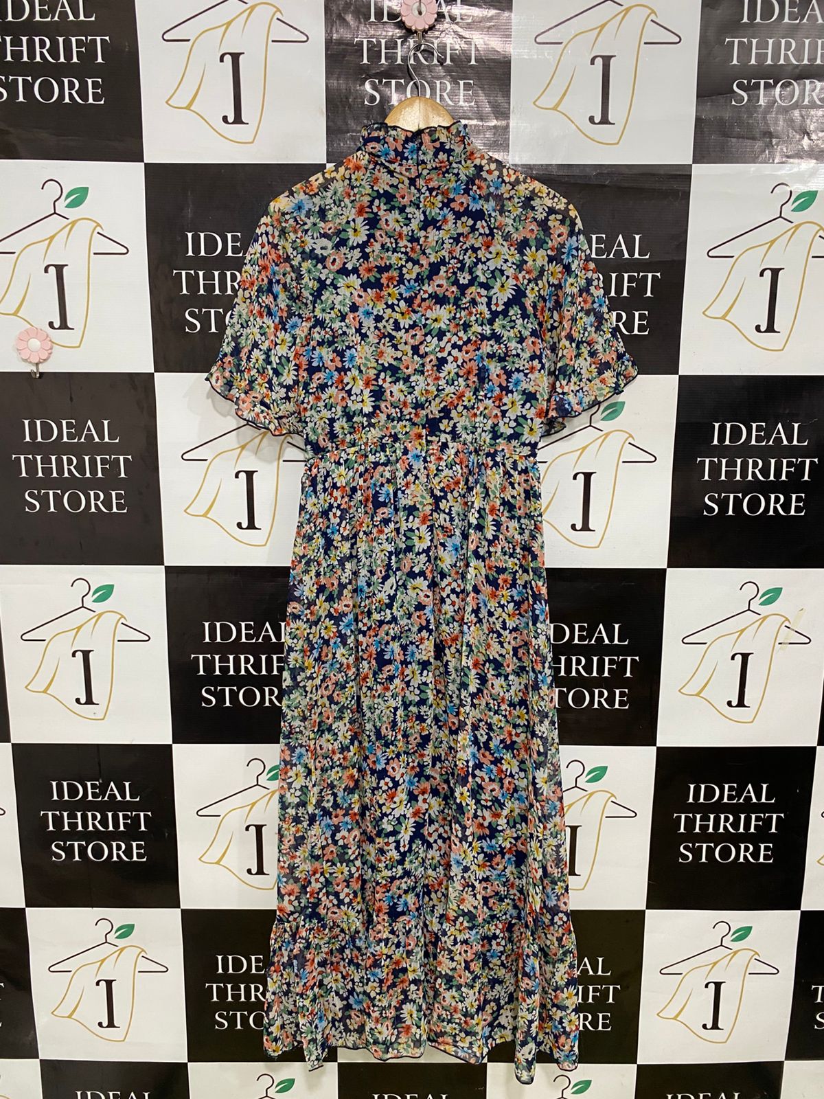 SHEIN |M| BUST 16| A31| NAVY MULTICOLOR FLORAL HIGH-NECK CAPE-SLEEVE MIDI DRESS