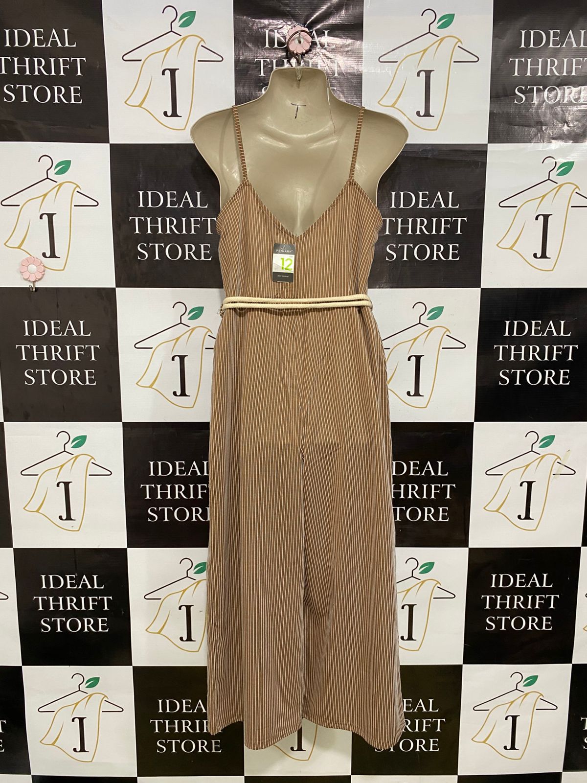 PRIMARK |M| BUST 16| A33| BROWN & WHITE STRIPED BUTTON-FRONT ROPE-BELTED WIDE-LEG JUMPSUIT