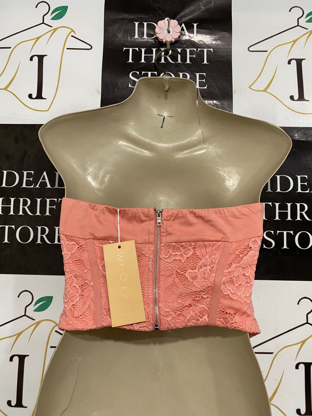 WHOIAM |S| BUST 14| A32| PEACH LACE BONED STRAPLESS CORSET TOP