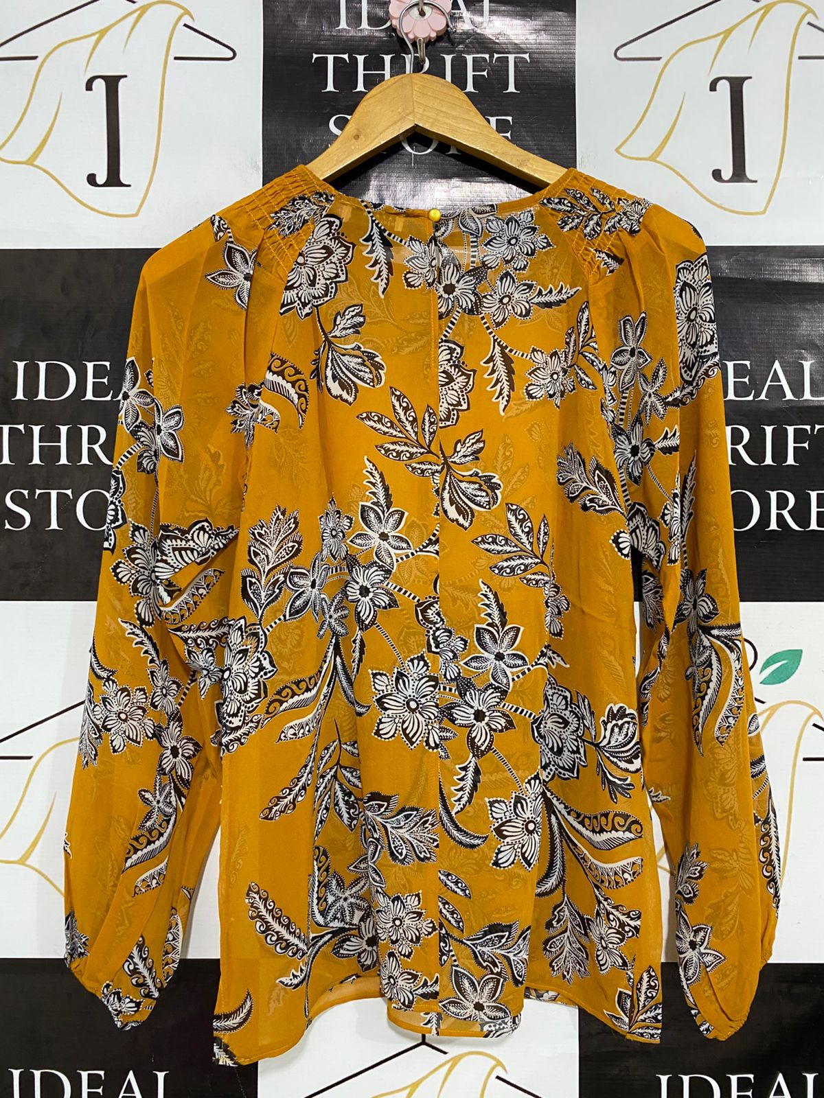 PAPAYA |S| BUST 17| A32| MUSTARD YELLOW & BLACK FLORAL LONG-SLEEVE SMOCKED-SHOULDER BLOUSE