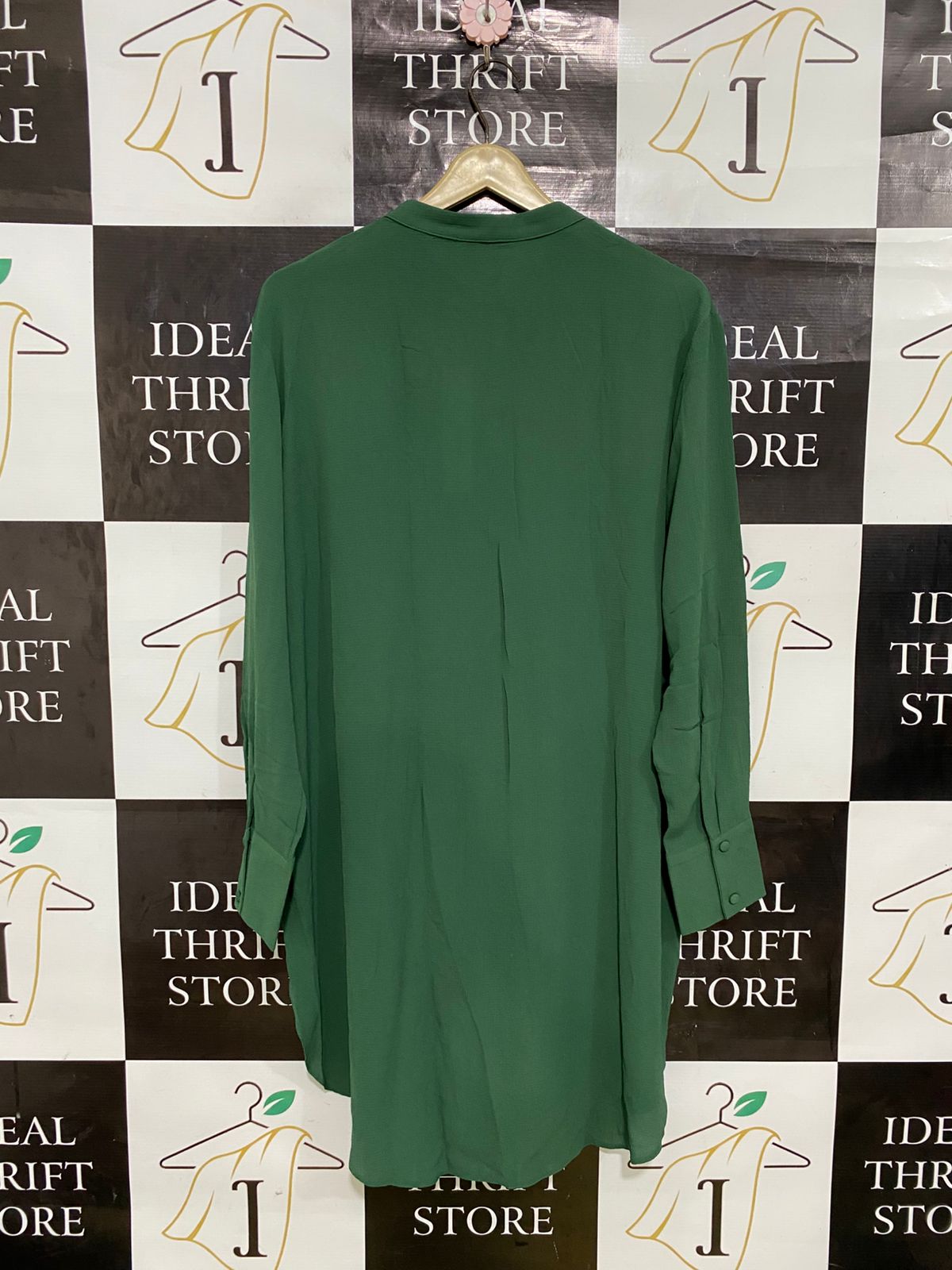 MARINA KANEVA |L| BUST 22| A32| EMERALD GREEN BAND-COLLAR LONG-LINE BUTTON-UP TUNIC SHIRT