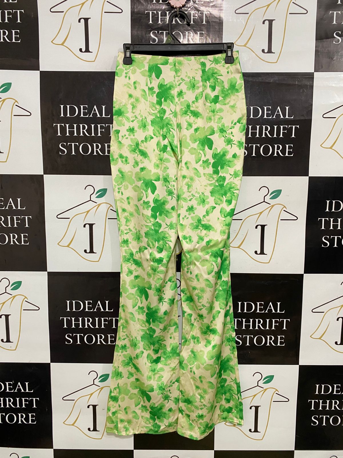 PEIMARK |S| WAIST 26| A33| GREEN & BEIGE FLORAL HIGH-WAIST FLARED TROUSERS