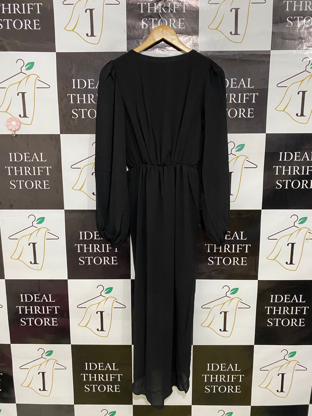 TUSSAH |S| BUST 15| A33| BLACK V-NECK LONG-SLEEVE WRAP MIDI DRESS