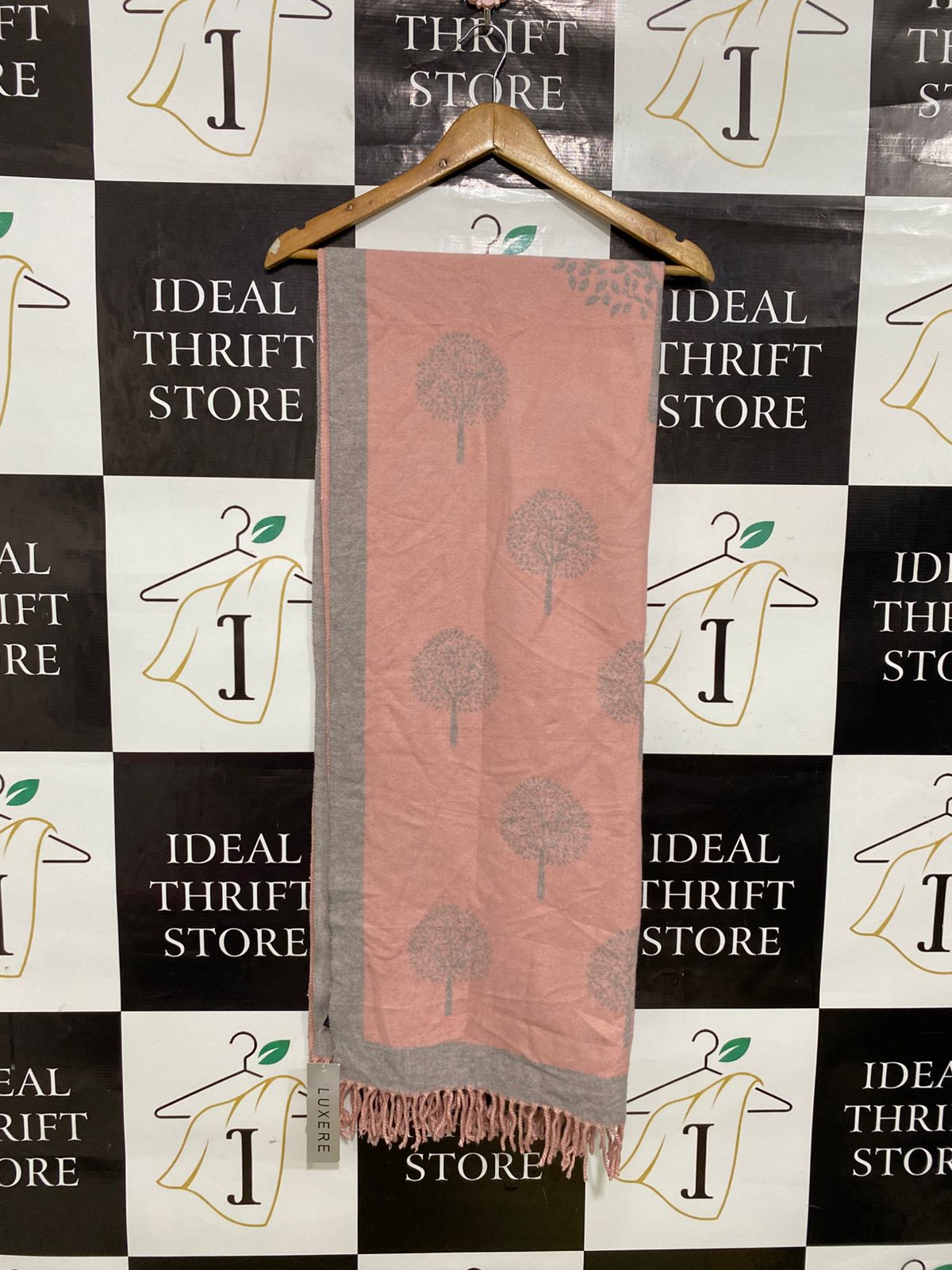 LUXERE DUSTY PINK & GREY TREE-PRINT FRINGED WINTER SCARF