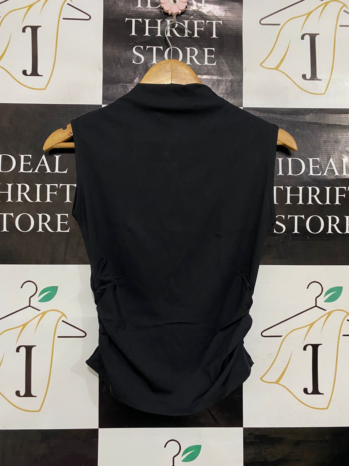 |S| BUST 15| A34| BLACK MOCK-NECK SLEEVELESS RUCHED-SIDE TANK TOP