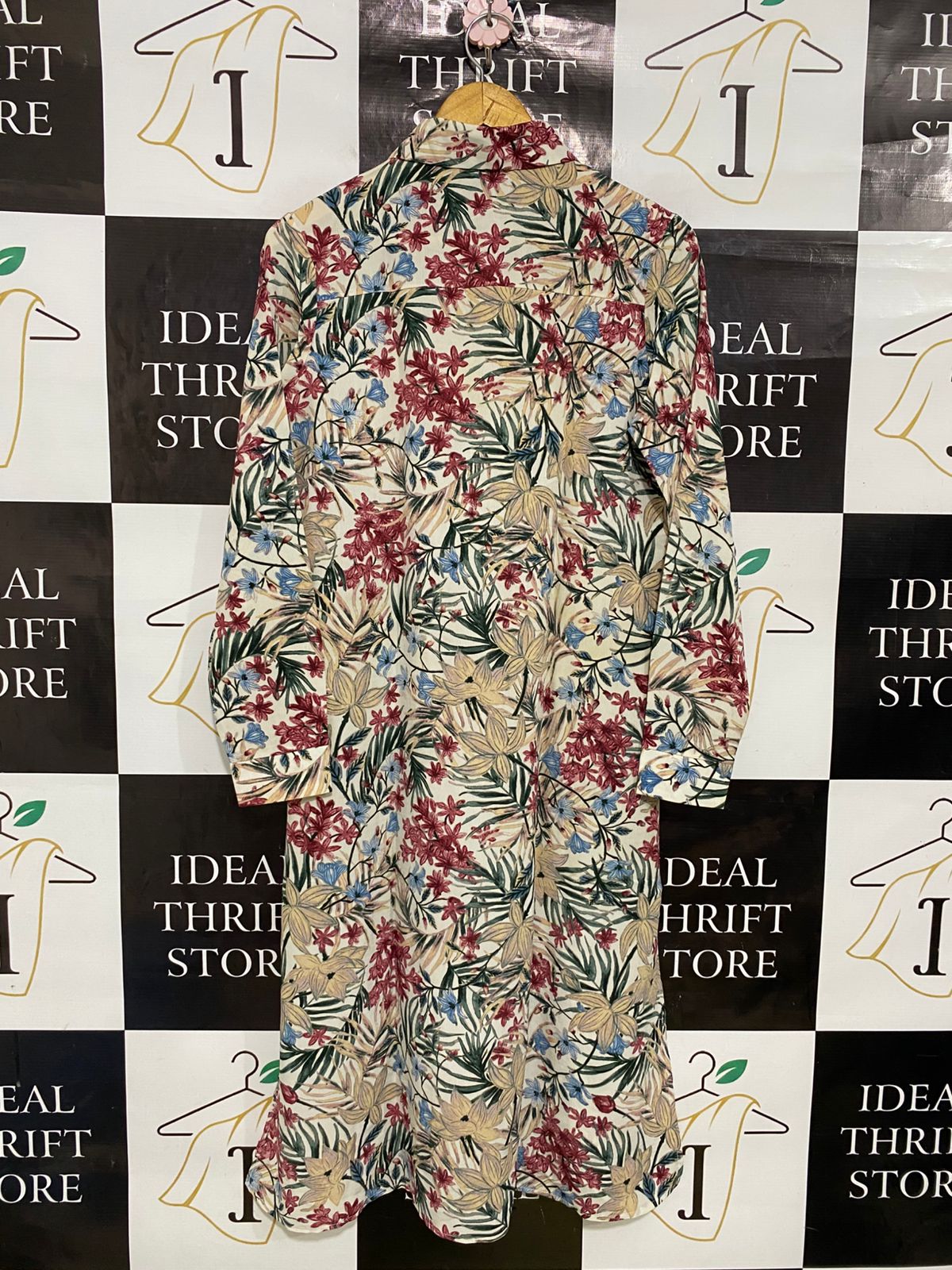 HIJAB GEM |M| BUST 19| A34| BEIGE & MULTICOLOR TROPICAL FLORAL PRINT LONG-SLEEVE BUTTON-UP SHIRT DRESS