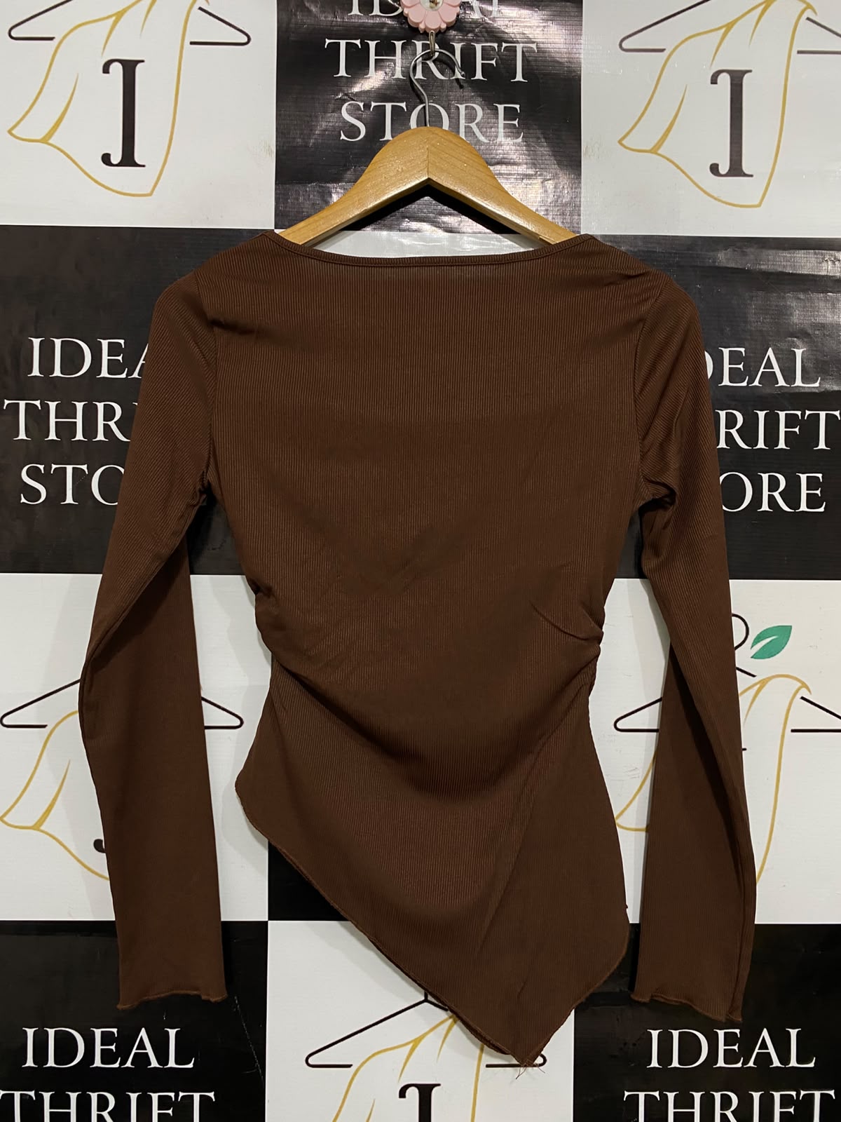 |S| BUST 15| A35| BROWN RIBBED COWL-NECK ASYMMETRIC LONG-SLEEVE TOP