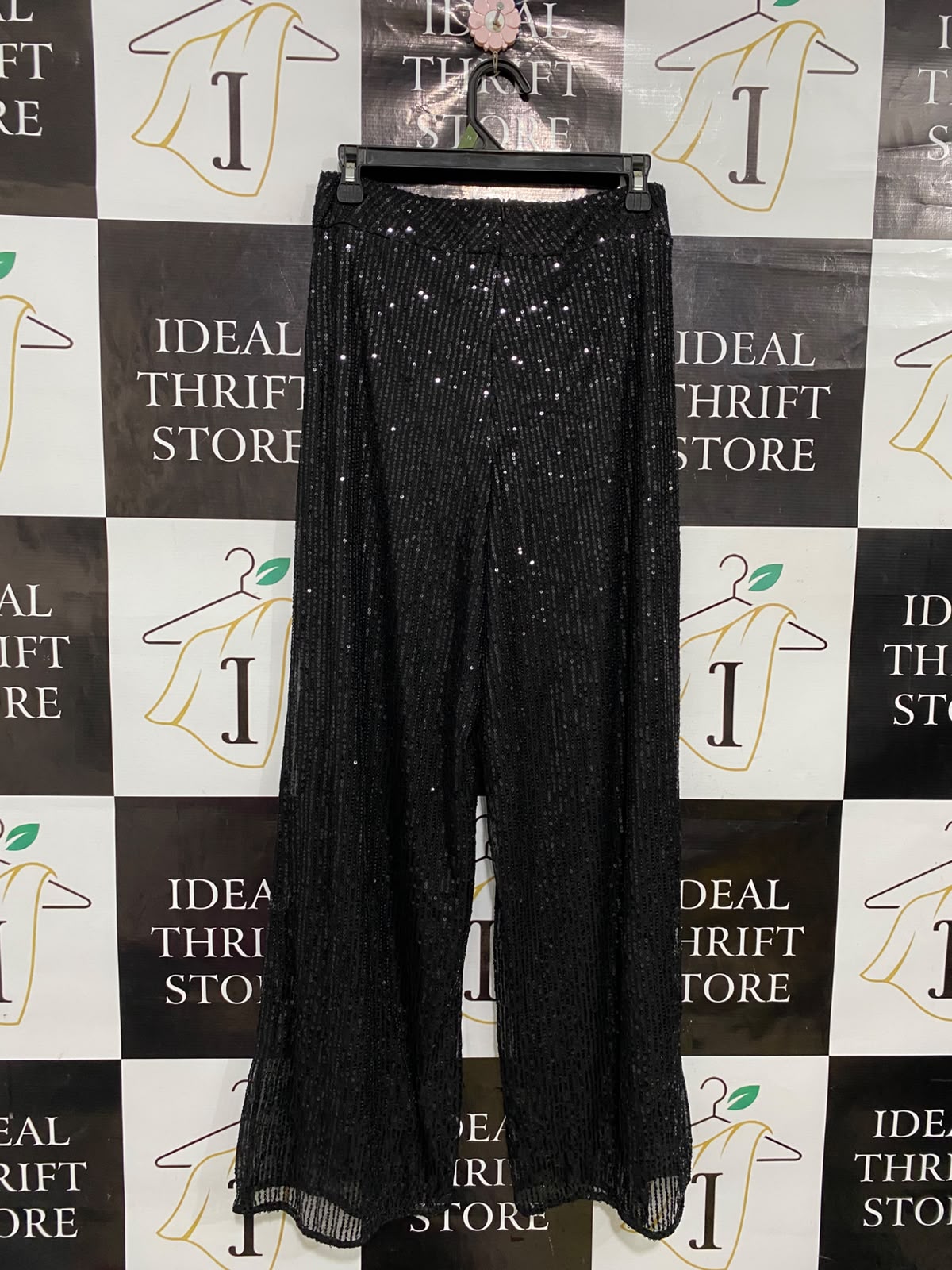 |L| WAIST 26| A35| BLACK SEQUIN-EMBELLISHED HIGH-WAISTED WIDE-LEG PALAZZO PANTS