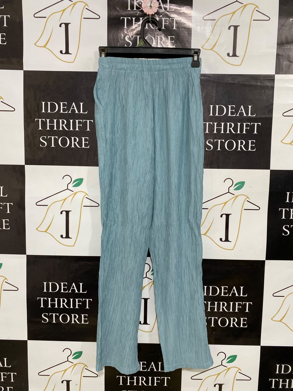 |S| WAIST 22| A34| SAGE BLUE CRINKLE-TEXTURED RELAXED WIDE-LEG LOUNGE PANTS