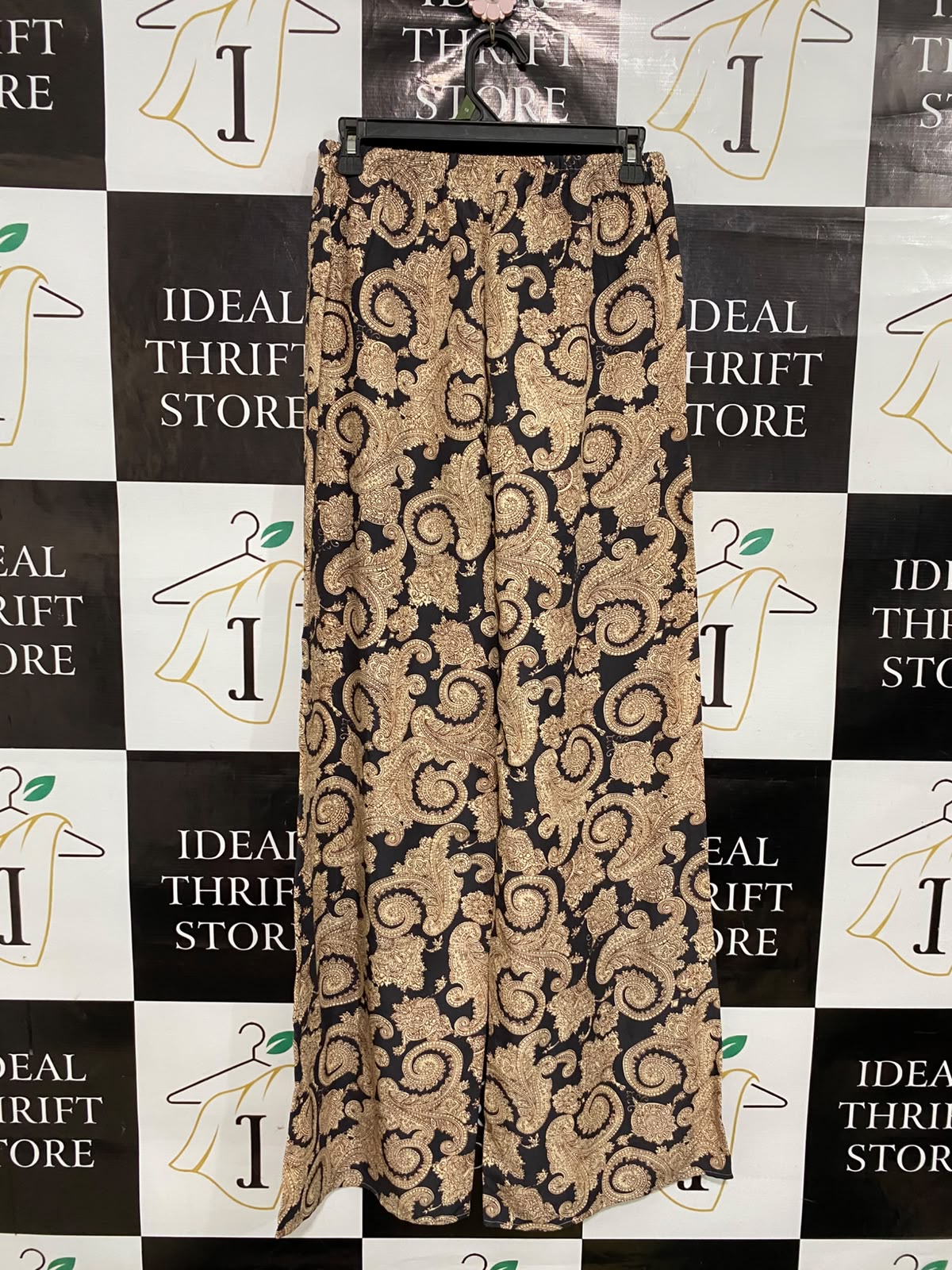 AUGUSTE |S| WAIST 26| A36| BLACK & GOLD BAROQUE-PRINT DRAWSTRING WIDE-LEG LOUNGE PANTS
