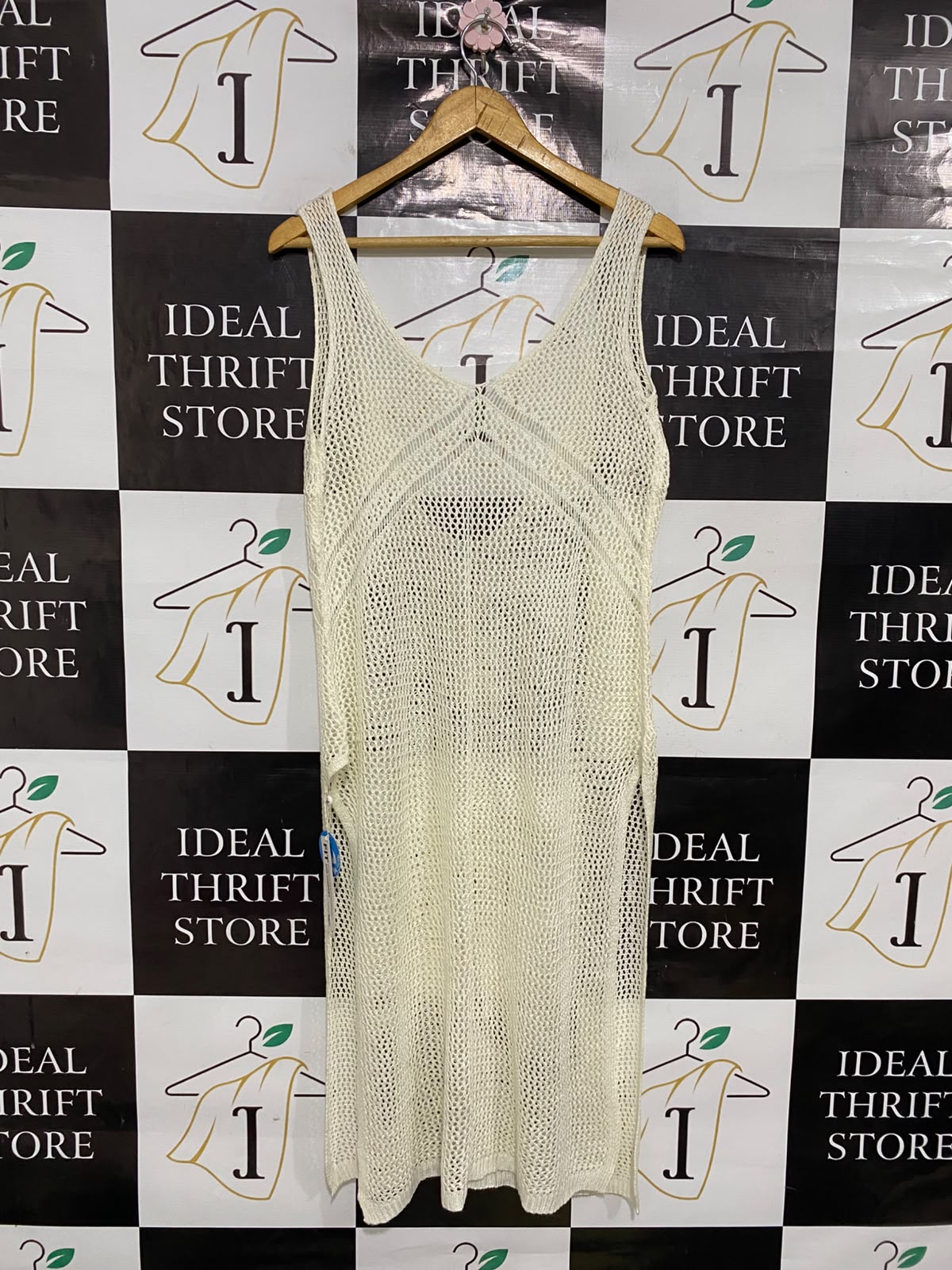 CUPSHE |XL| BUST 16| A36| BEIGE OPEN-MESH V-NECK SLEEVELESS KNIT MIDI DRESS