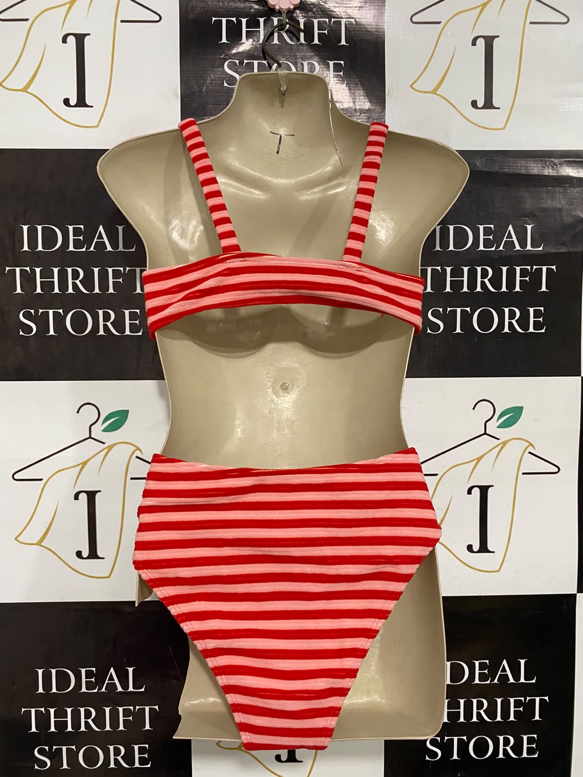 |S| A36| RED & PINK STRIPED HIGH-WAISTED TWO-PIECE SWIMSUIT