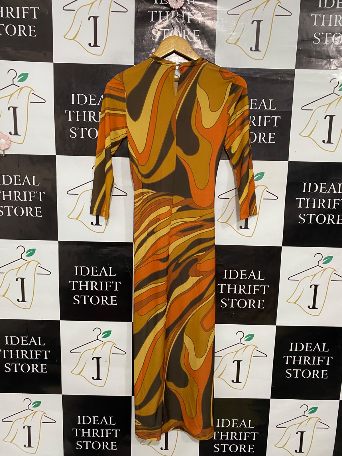 STRADIVARIUS |S| BUST 15| A37| ORANGE & BROWN SWIRL ABSTRACT PRINT MIDI DRESS