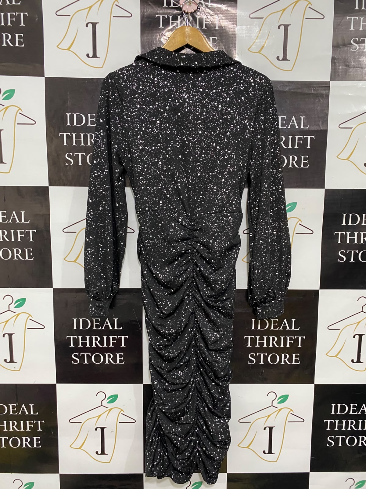 SHEIN |L| BUST 16| A37| BLACK & WHITE PAINT-SPLATTER COLLARED RUCHED MIDI DRESS