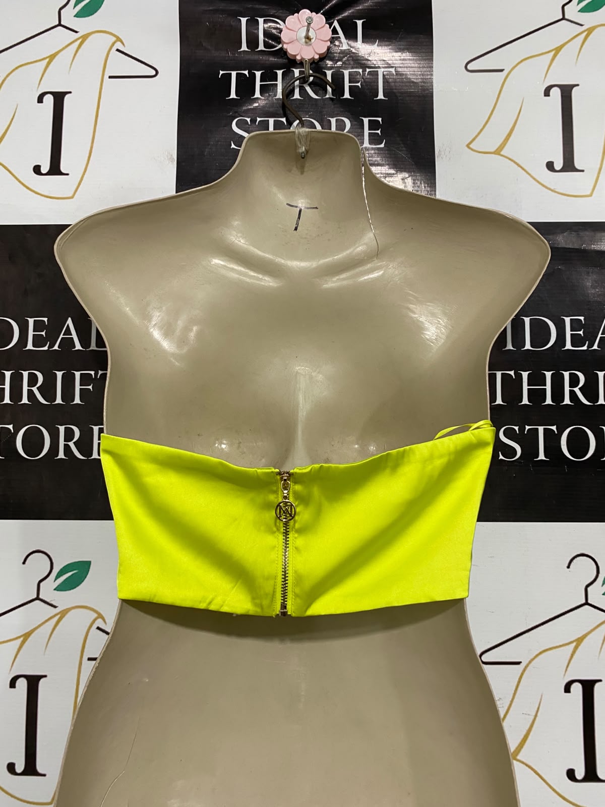 MESHKI |M| BUST 14| A37| NEON YELLOW SATIN STRAPLESS BANDEAU CROP TOP