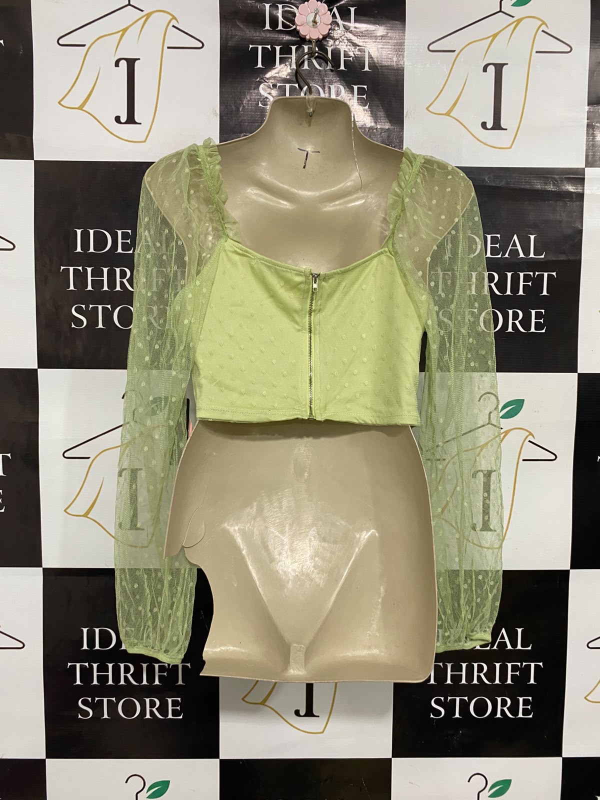 IRIS |S| BUST 15| A37| PISTACHIO GREEN SWISS-DOT MESH CORSET CROP TOP