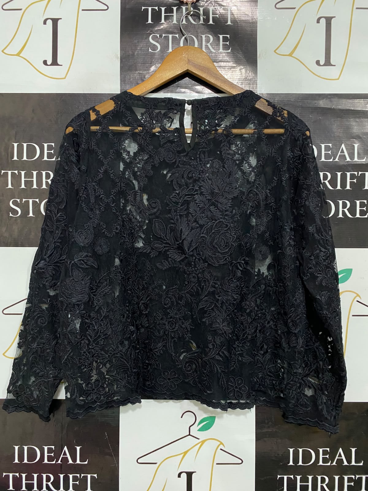 KHAADI |M| BUST 19| A38| BLACK FLORAL EMBROIDERED SHEER LACE LONG-SLEEVE TOP