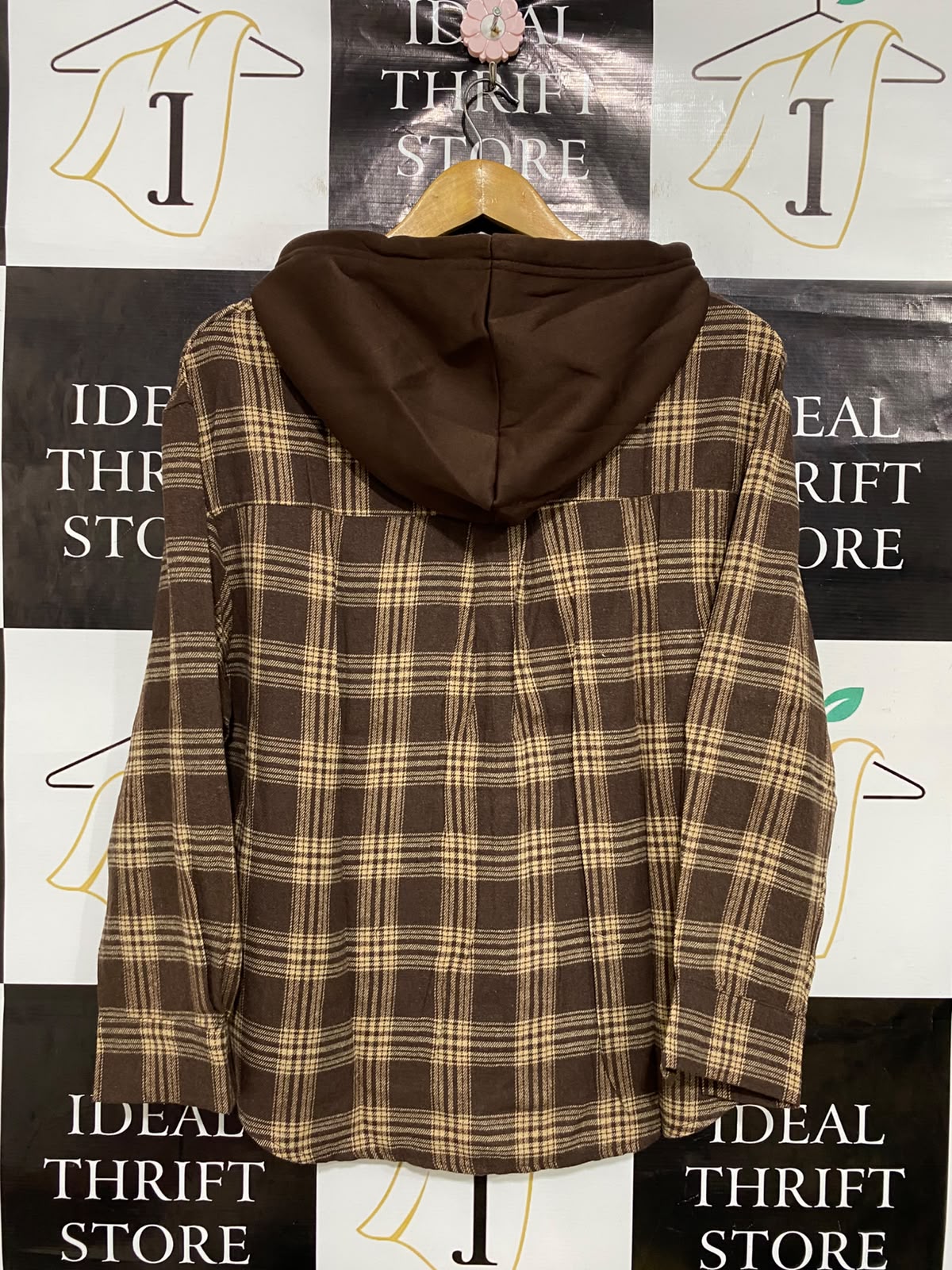 SHEIN |XS| BUST 21| A38| BROWN PLAID HOODED BUTTON-DOWN FLANNEL SHIRT