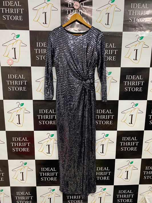 PRINCIPLES |M| BUST 17| A38| BLACK STRIPED SEQUIN KNOT-ACCENT LONG-SLEEVE MAXI DRESS