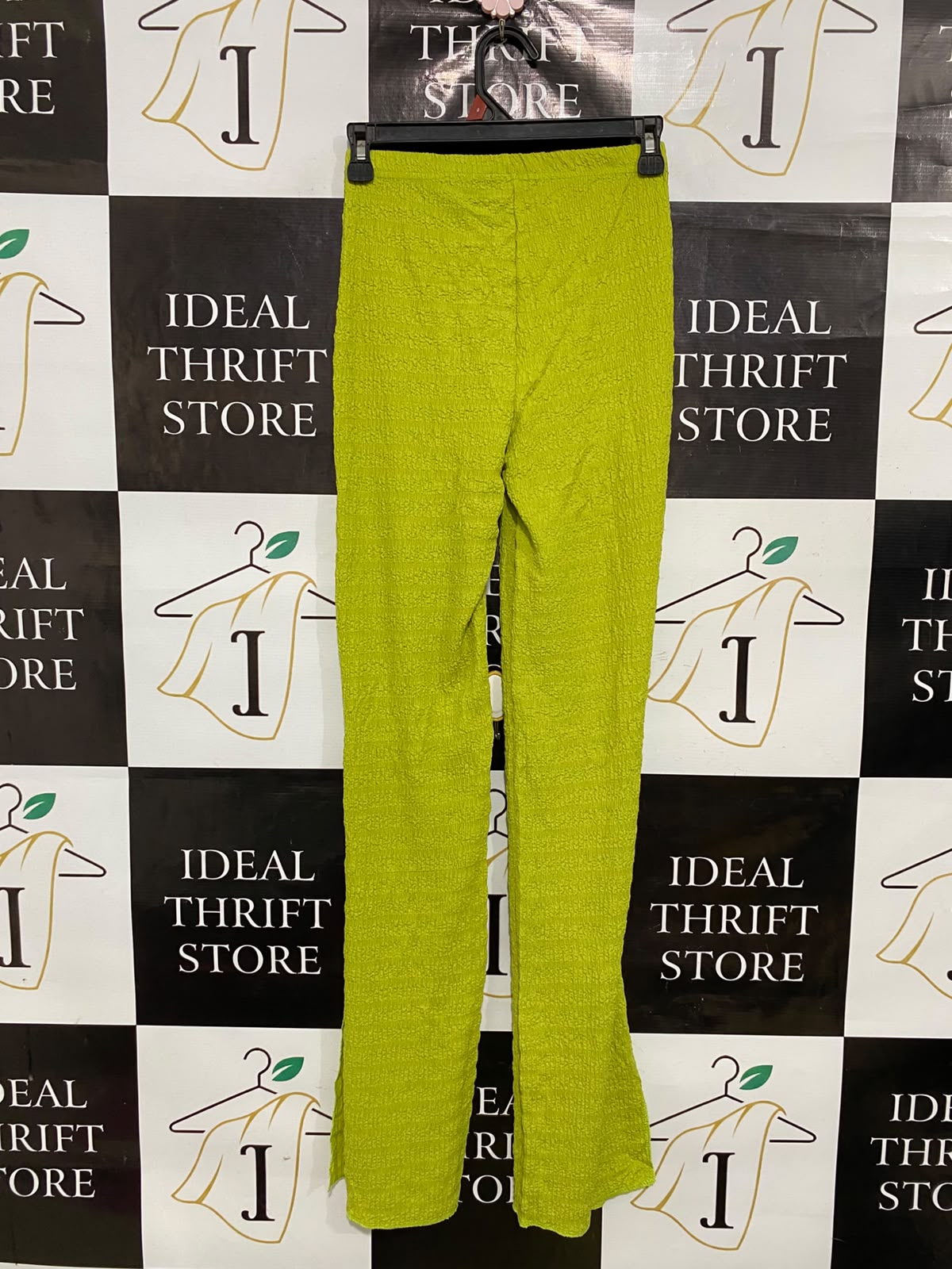 BOOHOO |XS| WAIST 24| A37| LIME GREEN TEXTURED HIGH-WAISTED TROUSERS