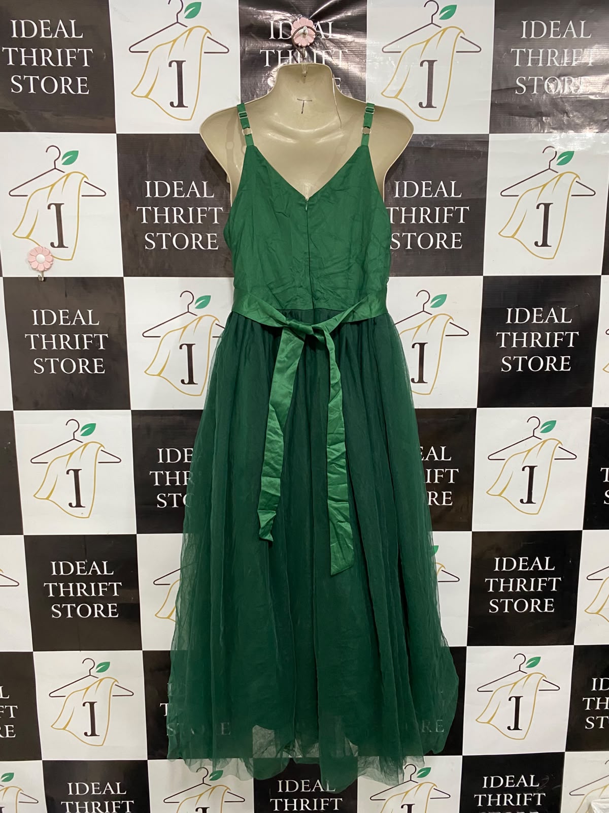GLAMULICE |S| BUST 17| A37| EMERALD GREEN TULLD SLATE-WAIST MIDI DRESS