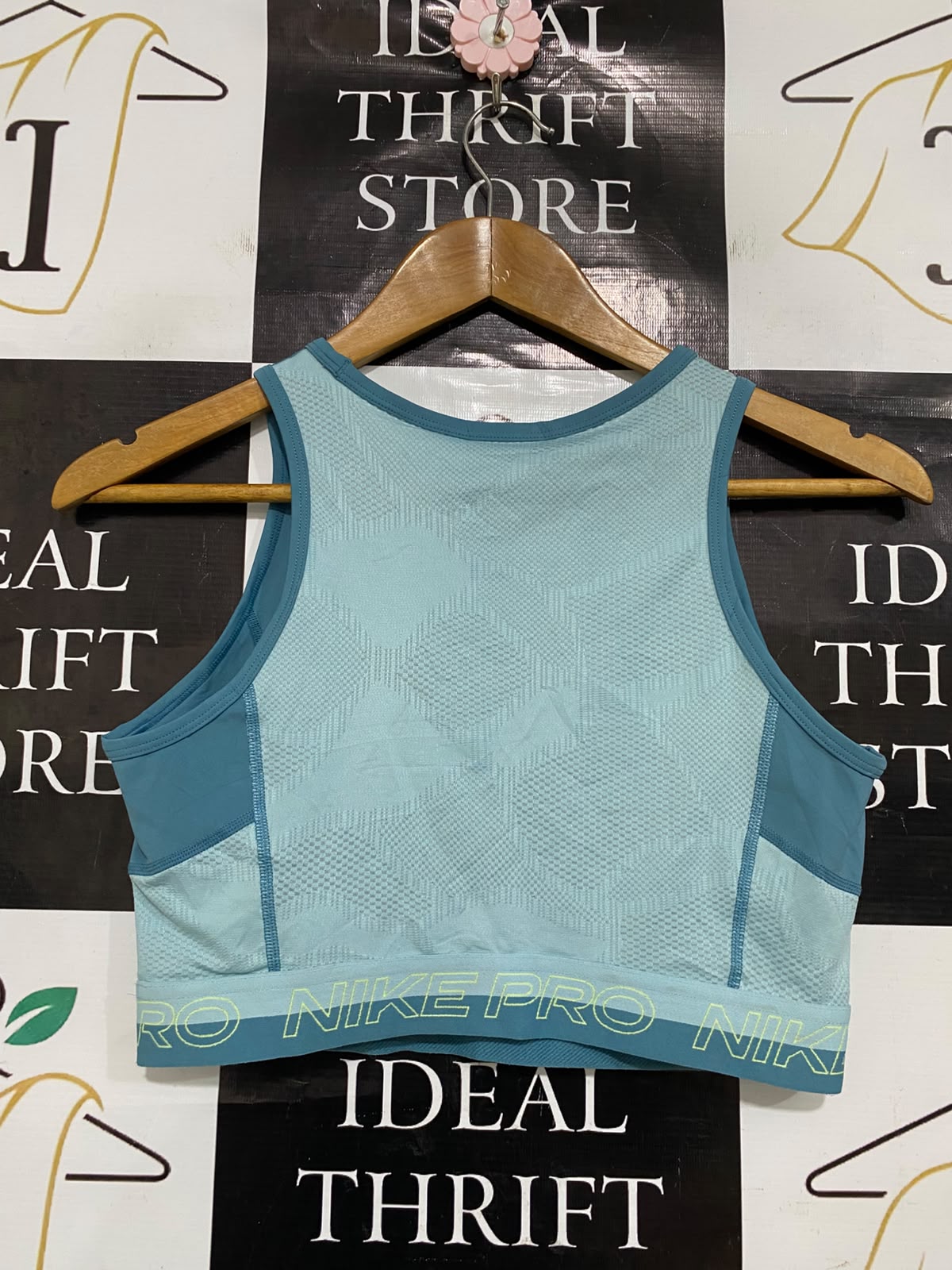 NIKE |M| BUST 15| A37| DUSTY TEAL MESH-PANEL BRANDED CROP TOP SPORTS BRA