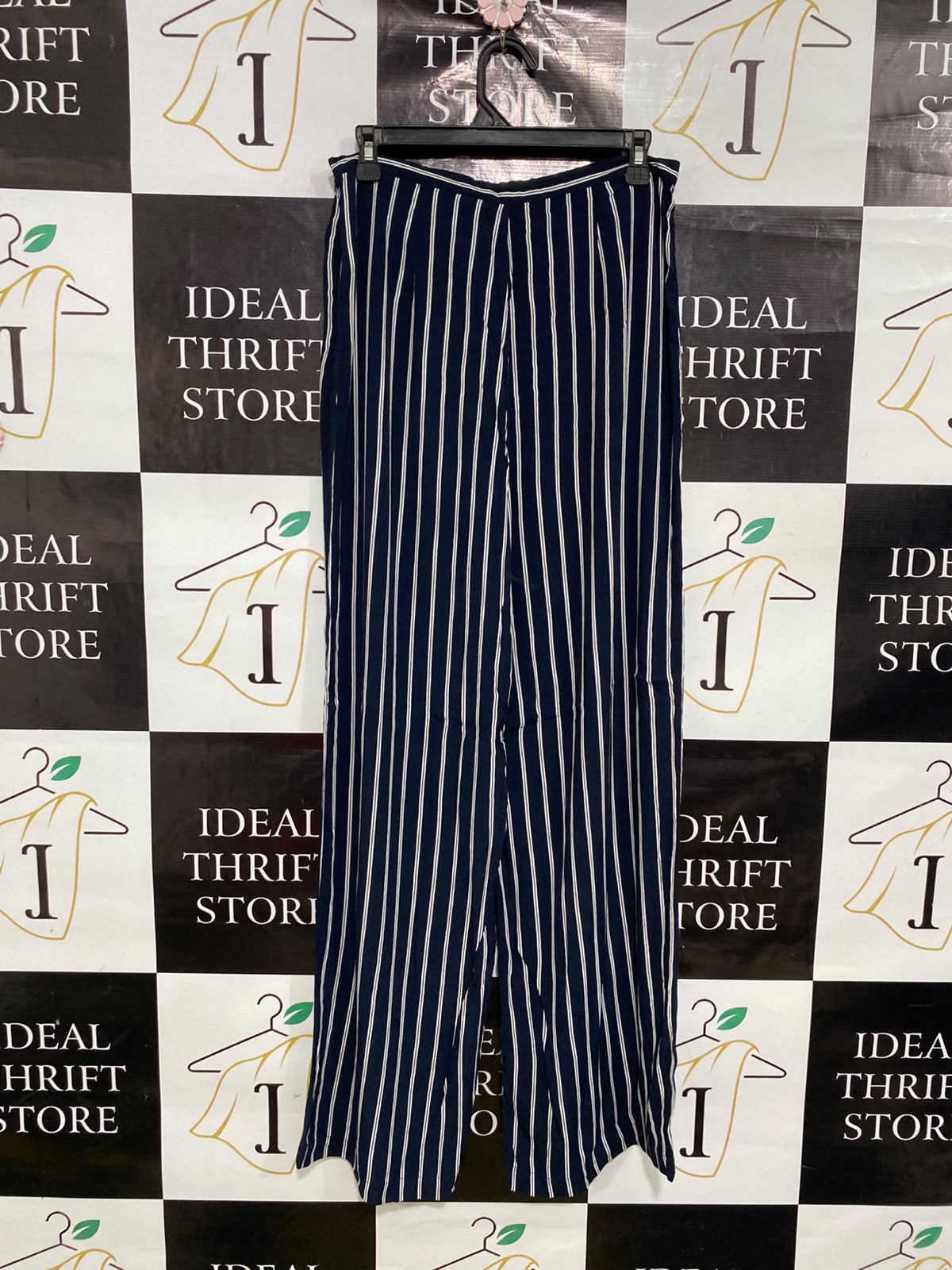 GLASSONS |M| WAIST 30| A39| NAVY BLUE & WHITE PINSTRIPE WIDE-LEG TROUSERS