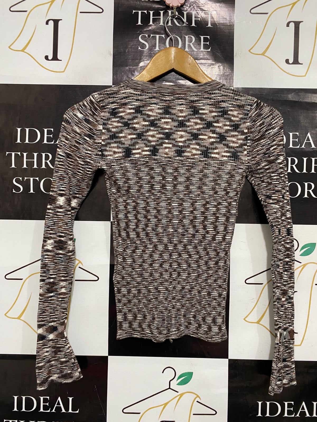 INCU COLLECTION |XS| BUST 12| A39| BROWN & CREAM PATTERNED LONG-SLEEVE RIBBED KNIT TOP