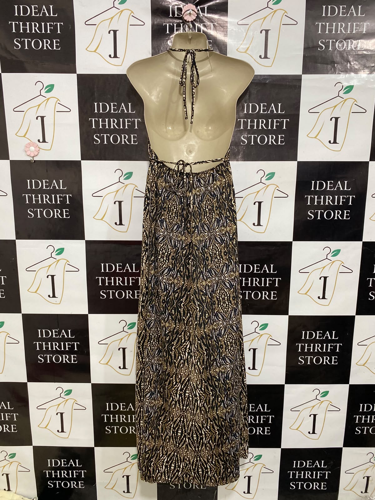 JANE NORMAN |S| BUST 15| A39| BLACK & GOLD ABSTRACT GEOMETRIC HALTER MAXI DRESS