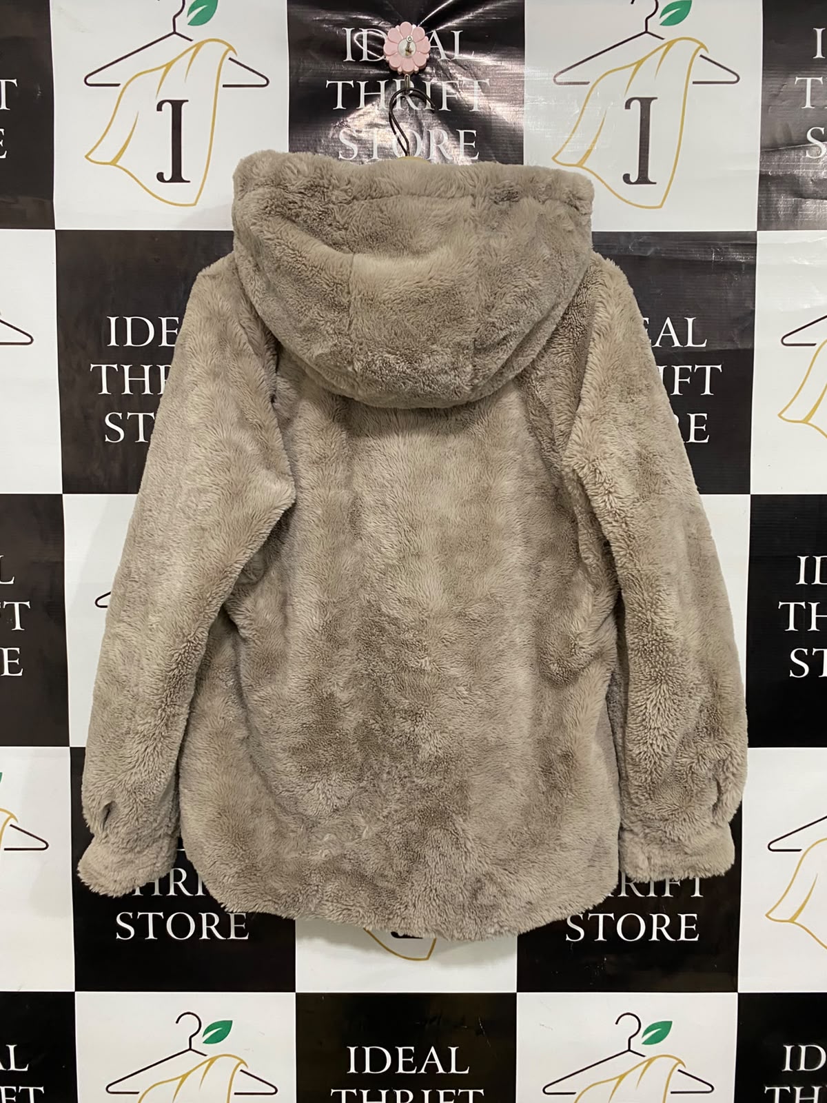 PAPAYA |L| BUST 21| A38| TAUPE PLUSH FAUX-FUR HOODED ZIP-UP JACKET