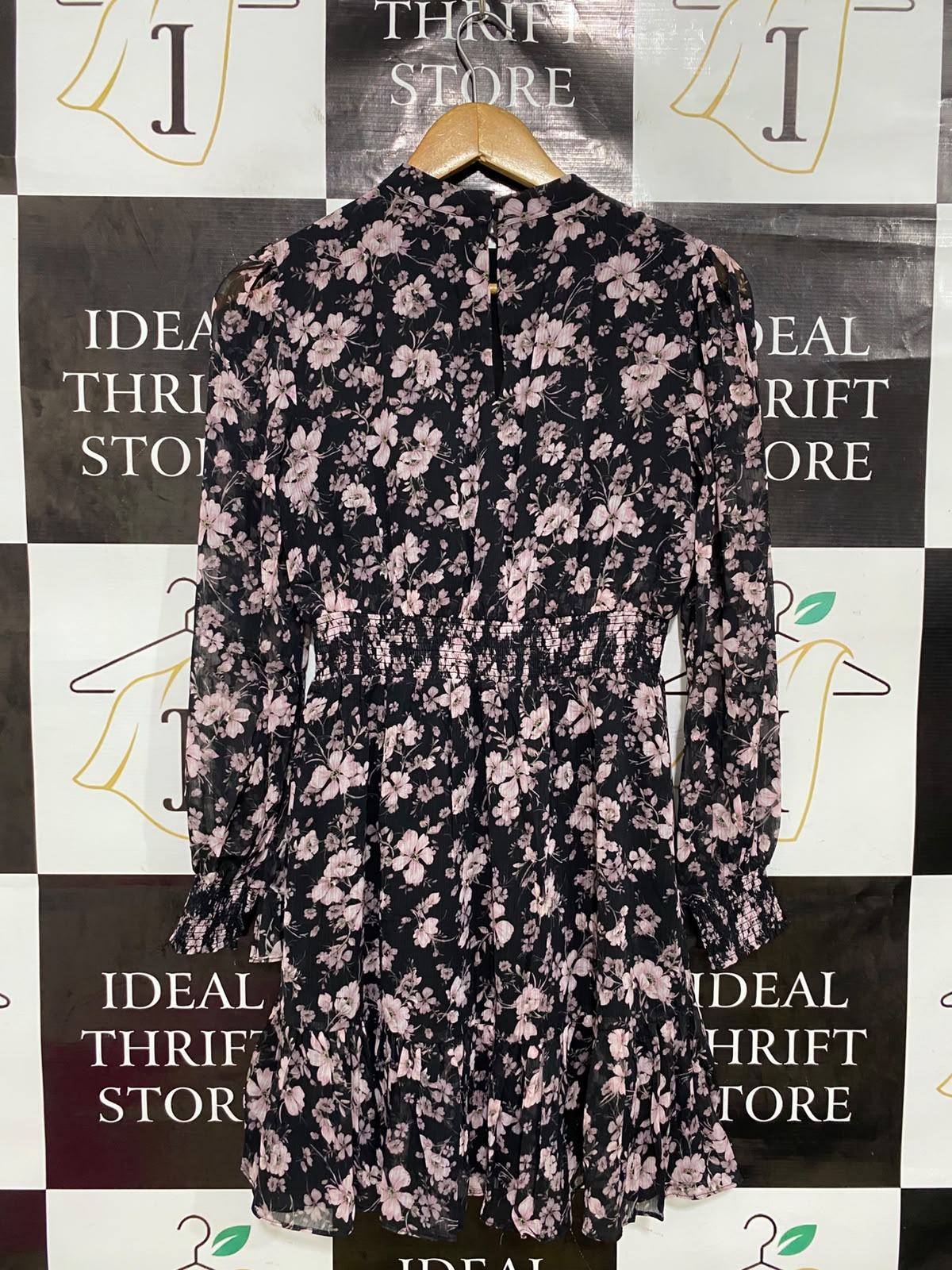 FOREVER NEW |S| BUST 16| A41| BLACK AND PINK FLORAL RUFFLE UTILITY MINI DRESS