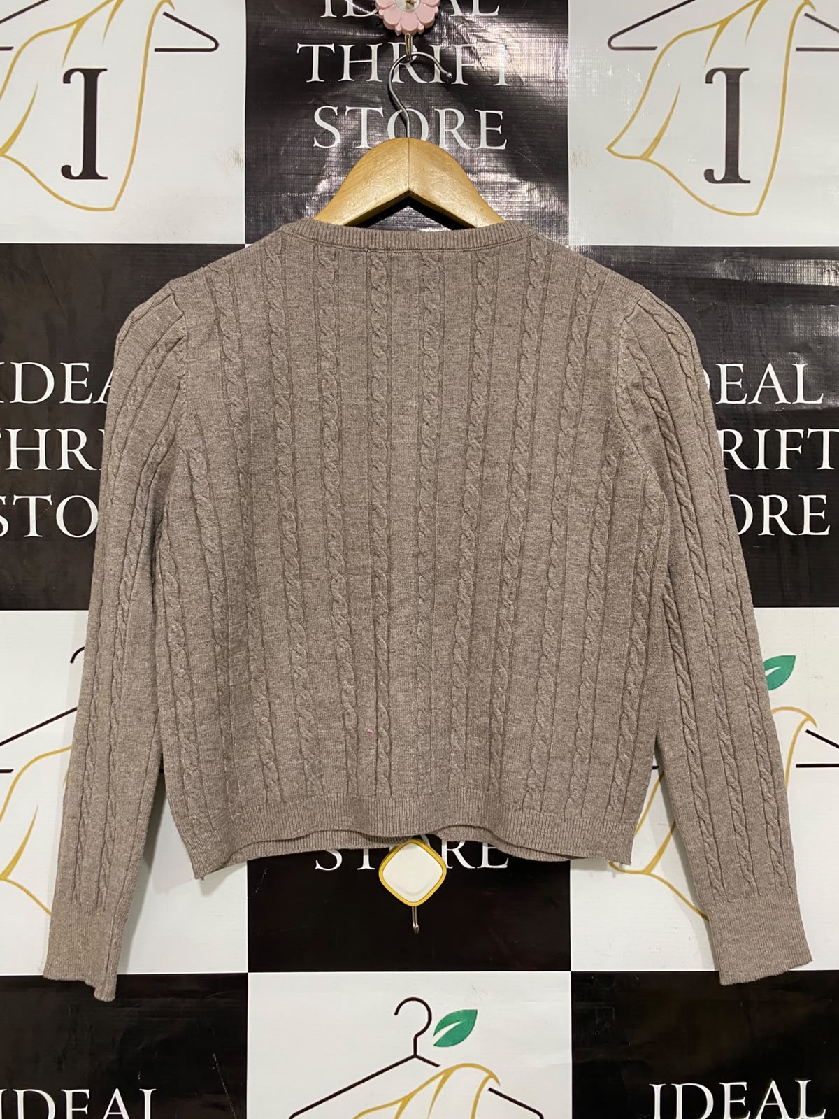 |S| BUST 17| A42| TAUPE CABLE-KNIT BUTTON-UP WINTER UTILITY CARDIGAN